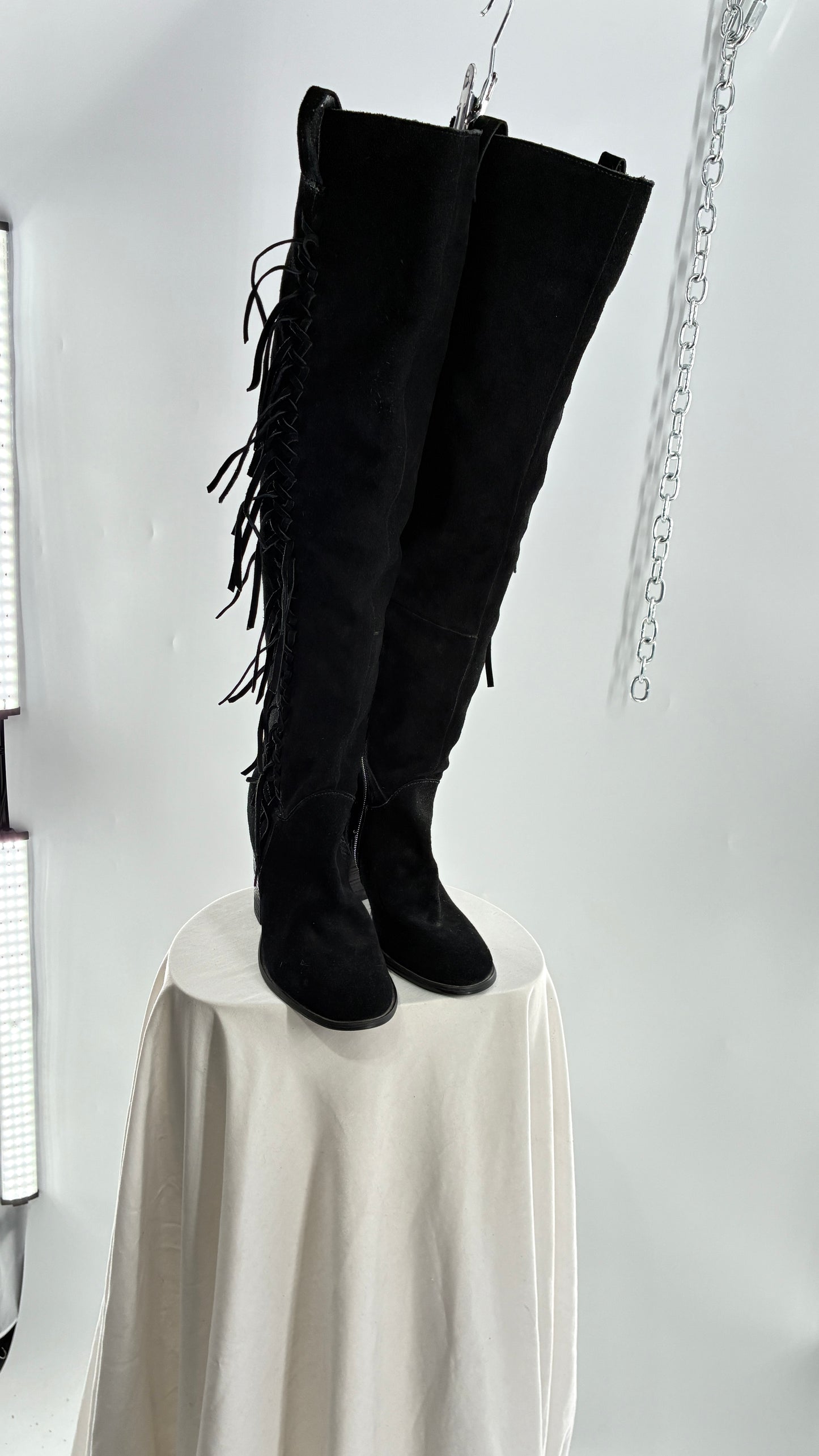 Vintage CARLOS SANTANA Genuine Suede Leather Thigh High Tassel, Fringe Side Boots (7.5)