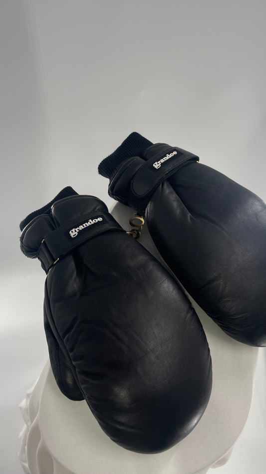 Grandoe Black Leather Mittens with Branding and Gold Logo Link
