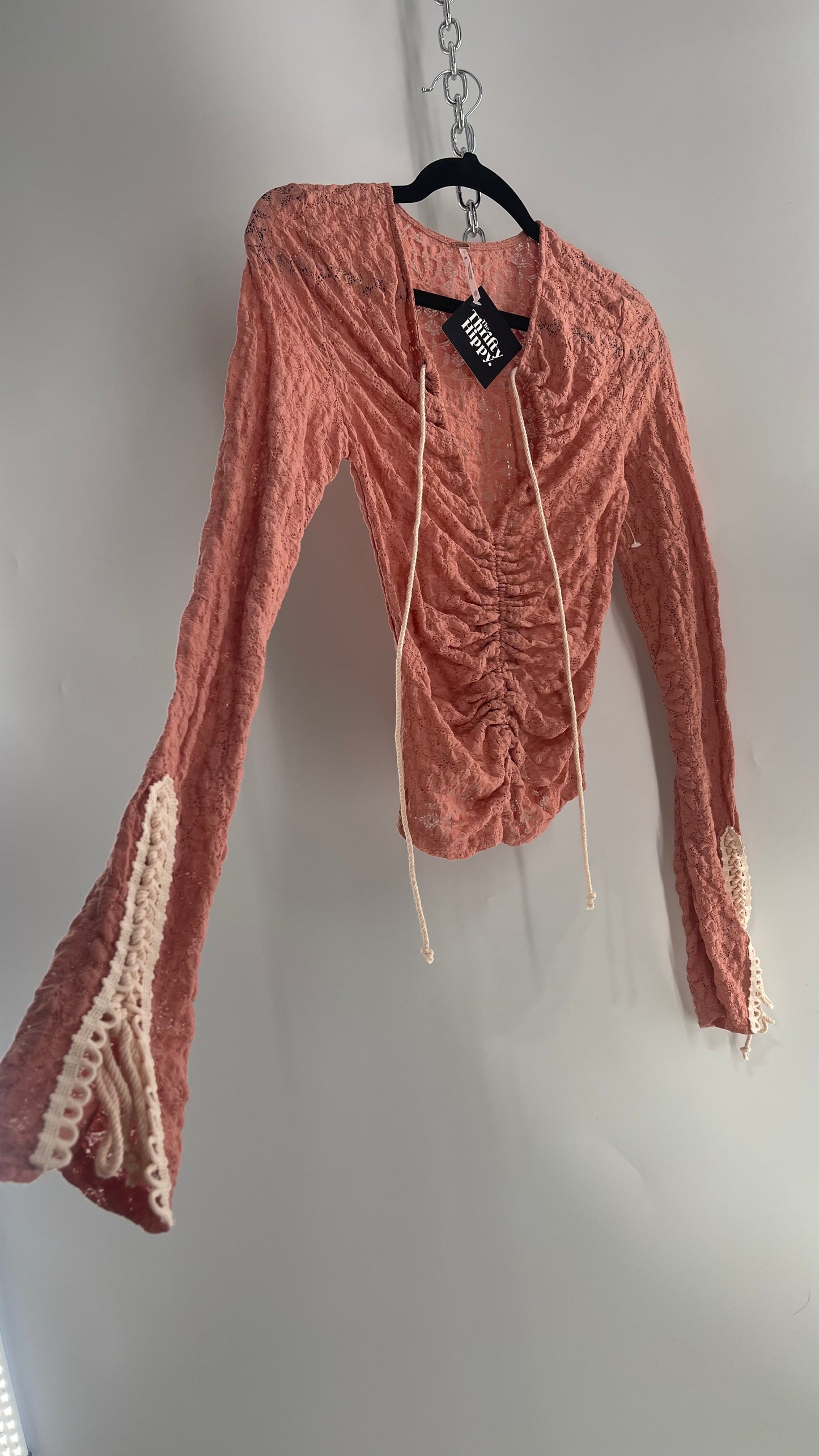 Free People Pink Lace Long Sleeve with Beige Lace Up Sleeve Detail (XS)