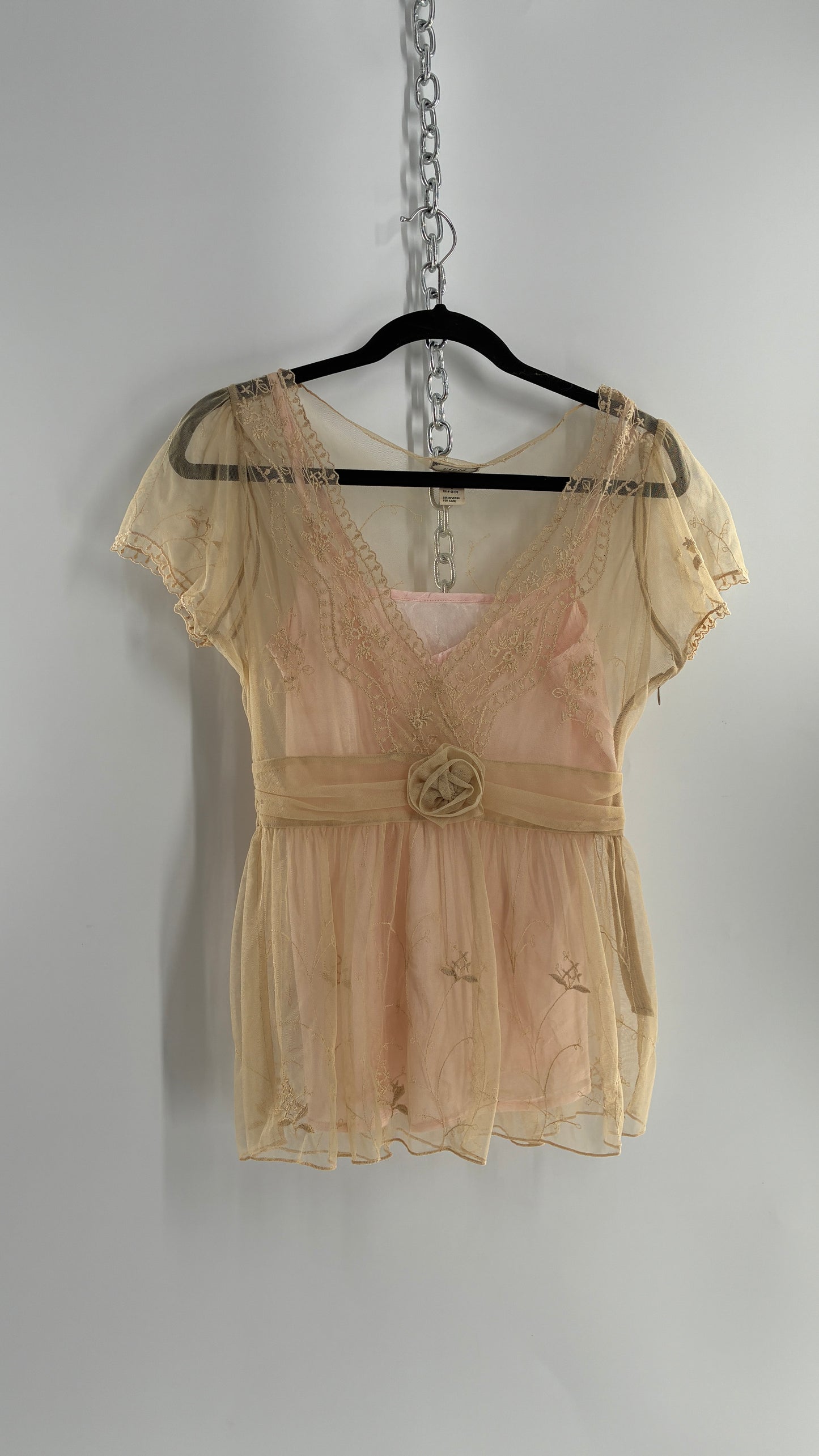 Vintage VIOLA Beige Sheer Mesh Blouse with Embroidered Details and Underbust Rosette (6)