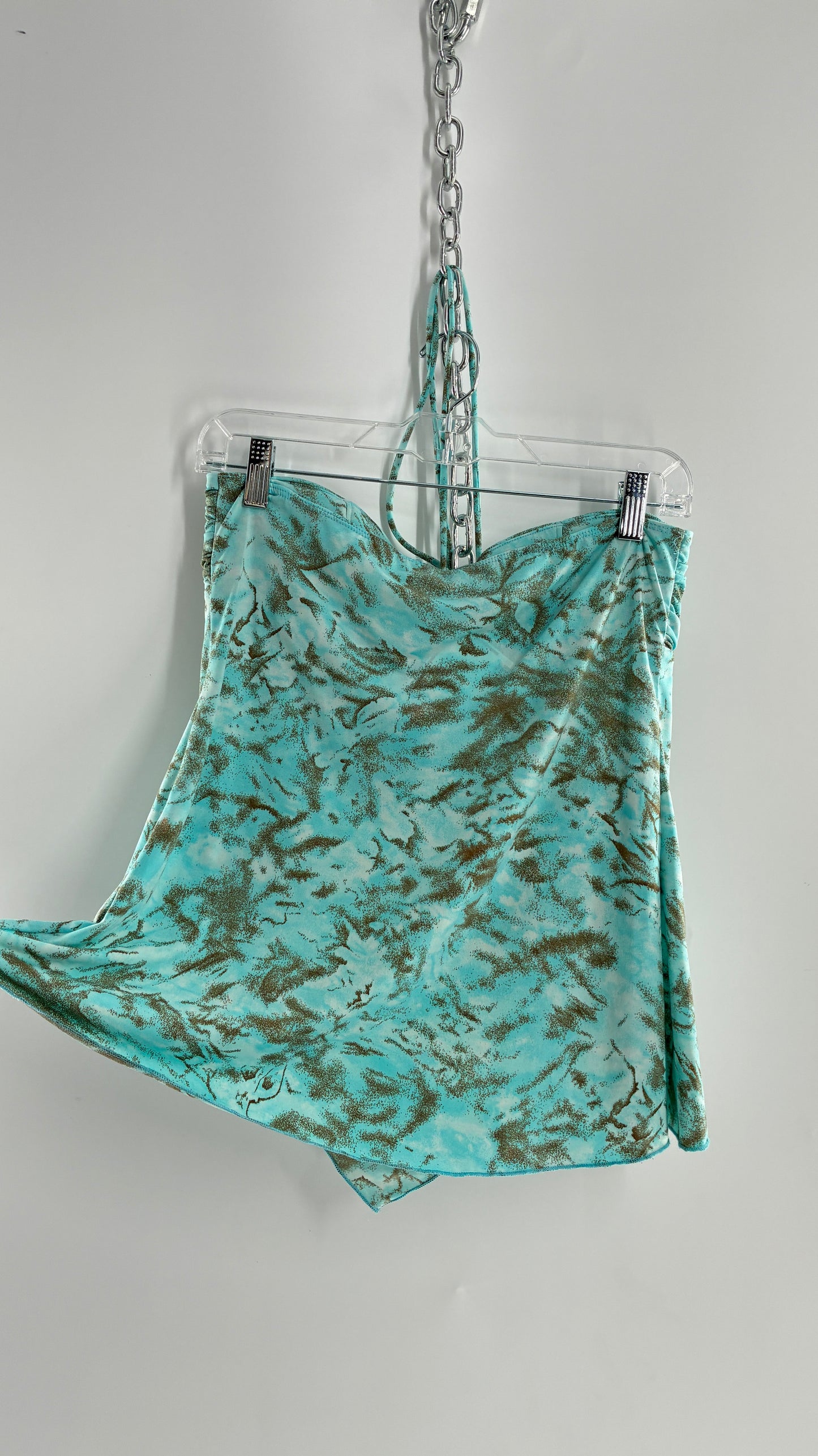 Vintage VENUS Turquoise Handkerchief Hem, Vented Tube Top with Stone Buckle and Choker Detail (M)
