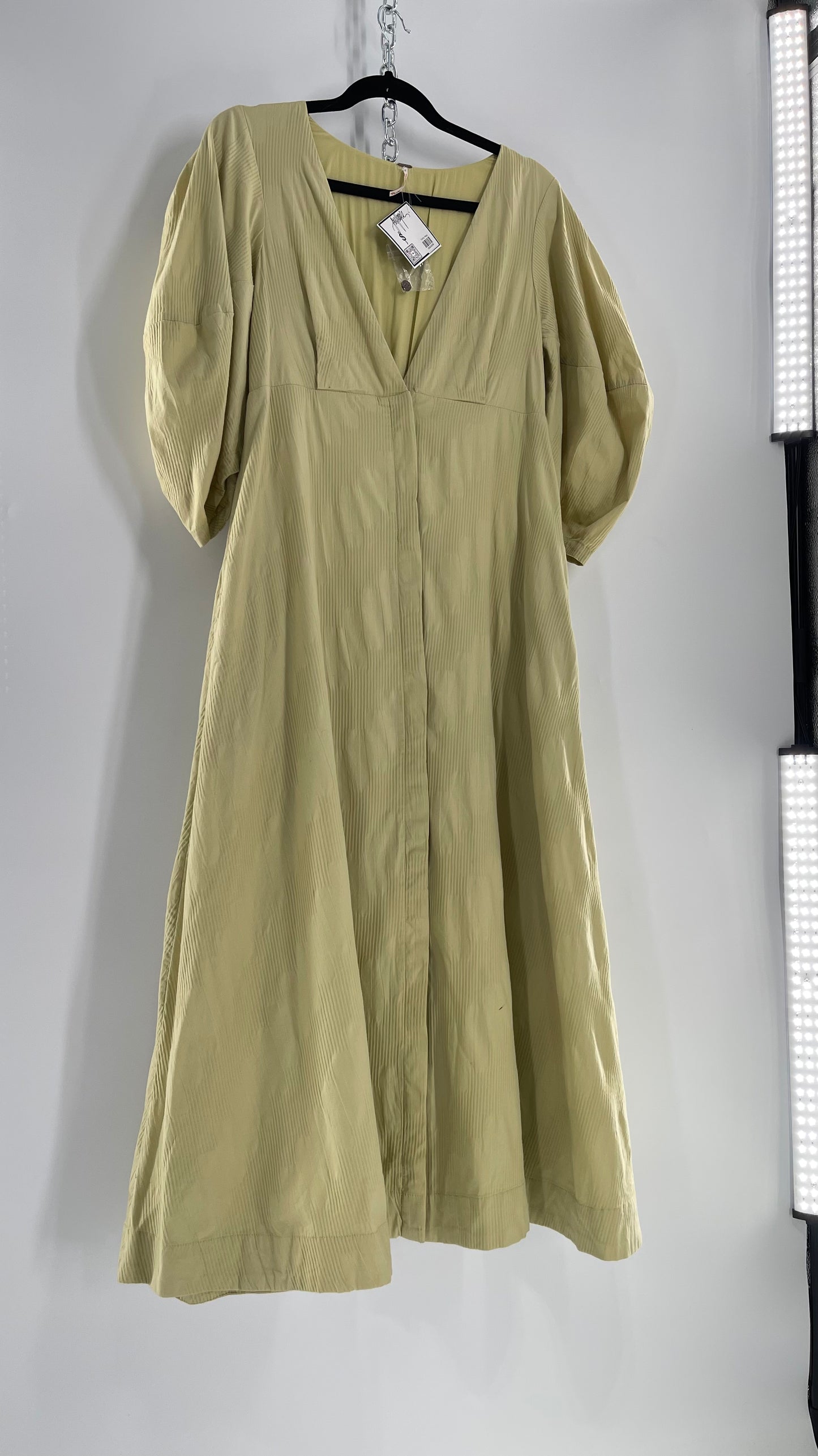 Free People Sage Green Textured Hidden Wooden Button Front Maxi with Back Pleating (Small)