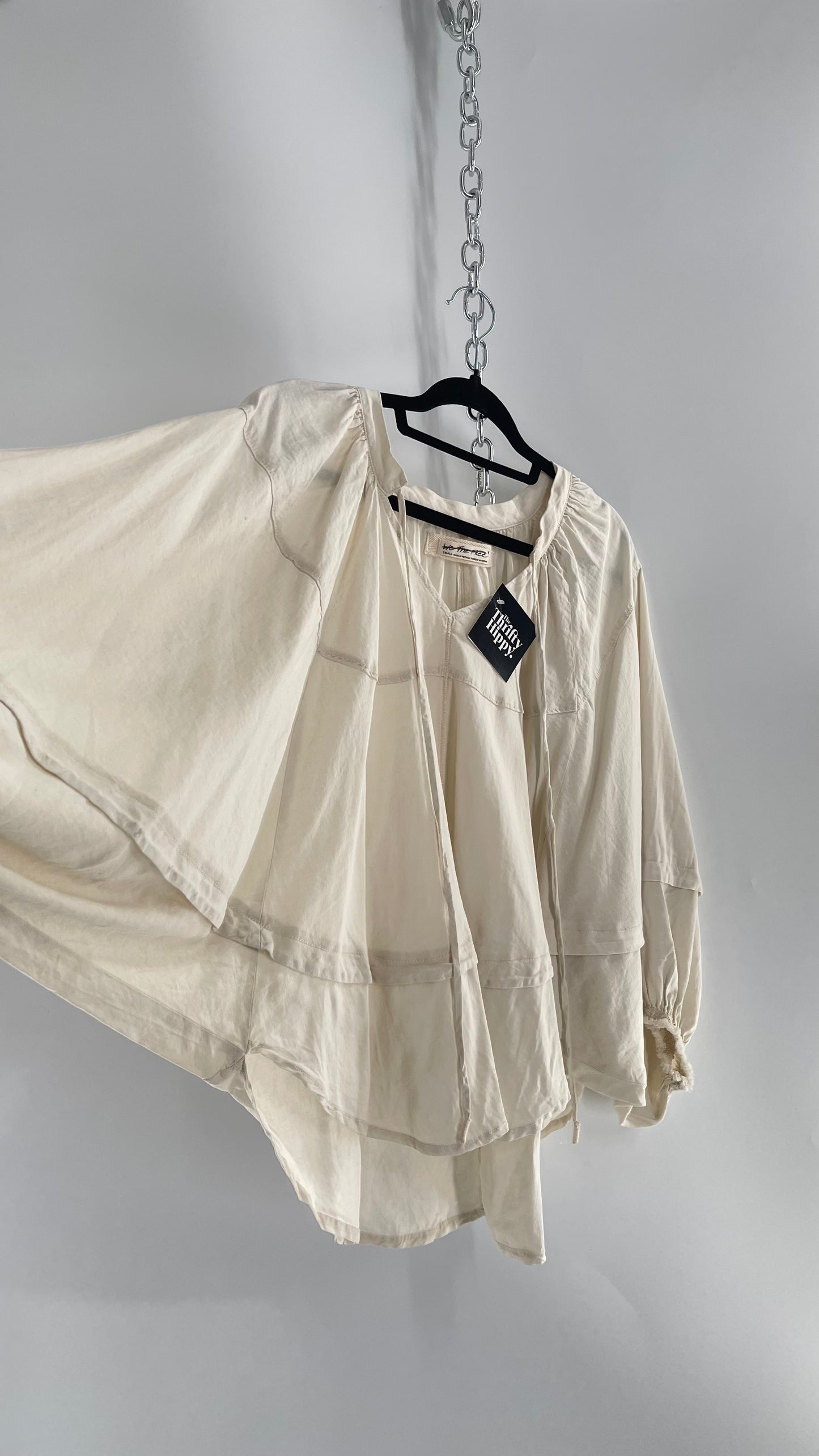 Free People Beige Off White Billow/ Prairie Sleeve Cape Blouse (Small)
