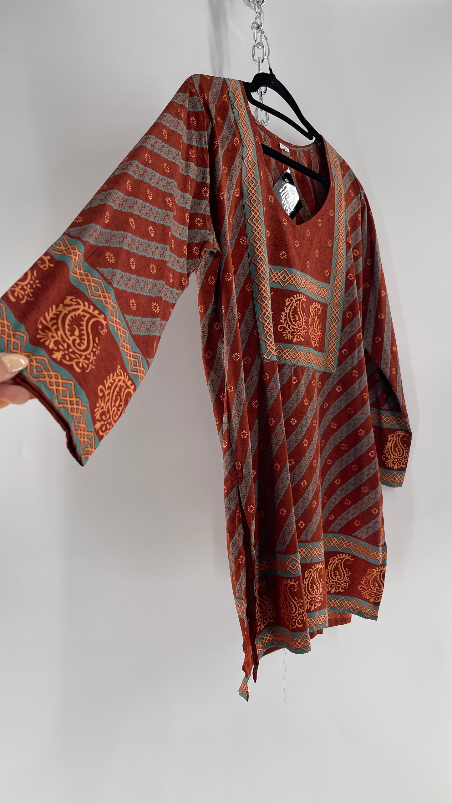 Vintage 1970s Indian 100% Silk Tunic Burnt Orange, Teal and Gold (40)
