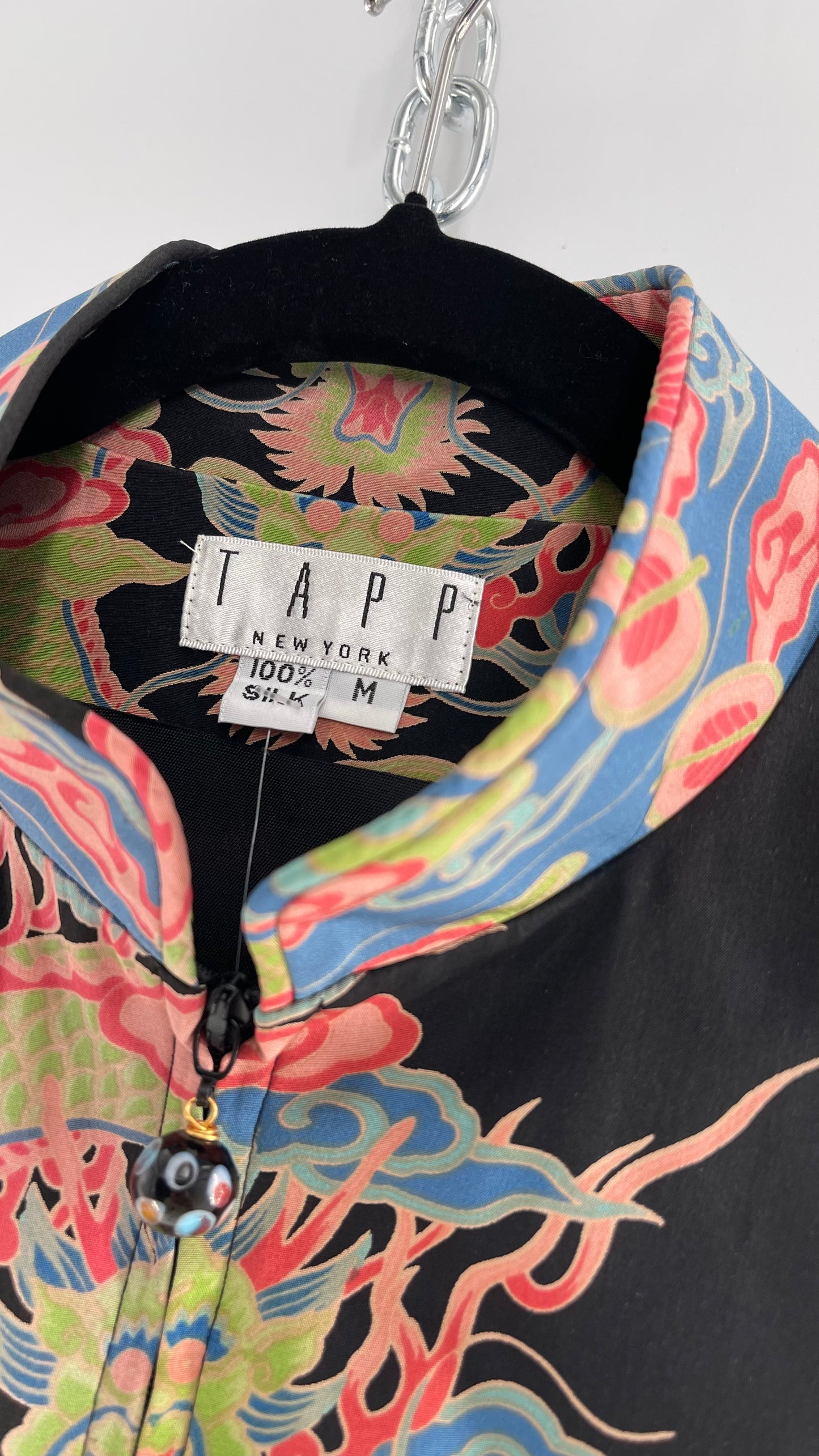 Vintage 1990s TAPP NEW YORK 100% Dragon Graphic Zip Front Crop Sleeveless Vest Top Silk (Medium)