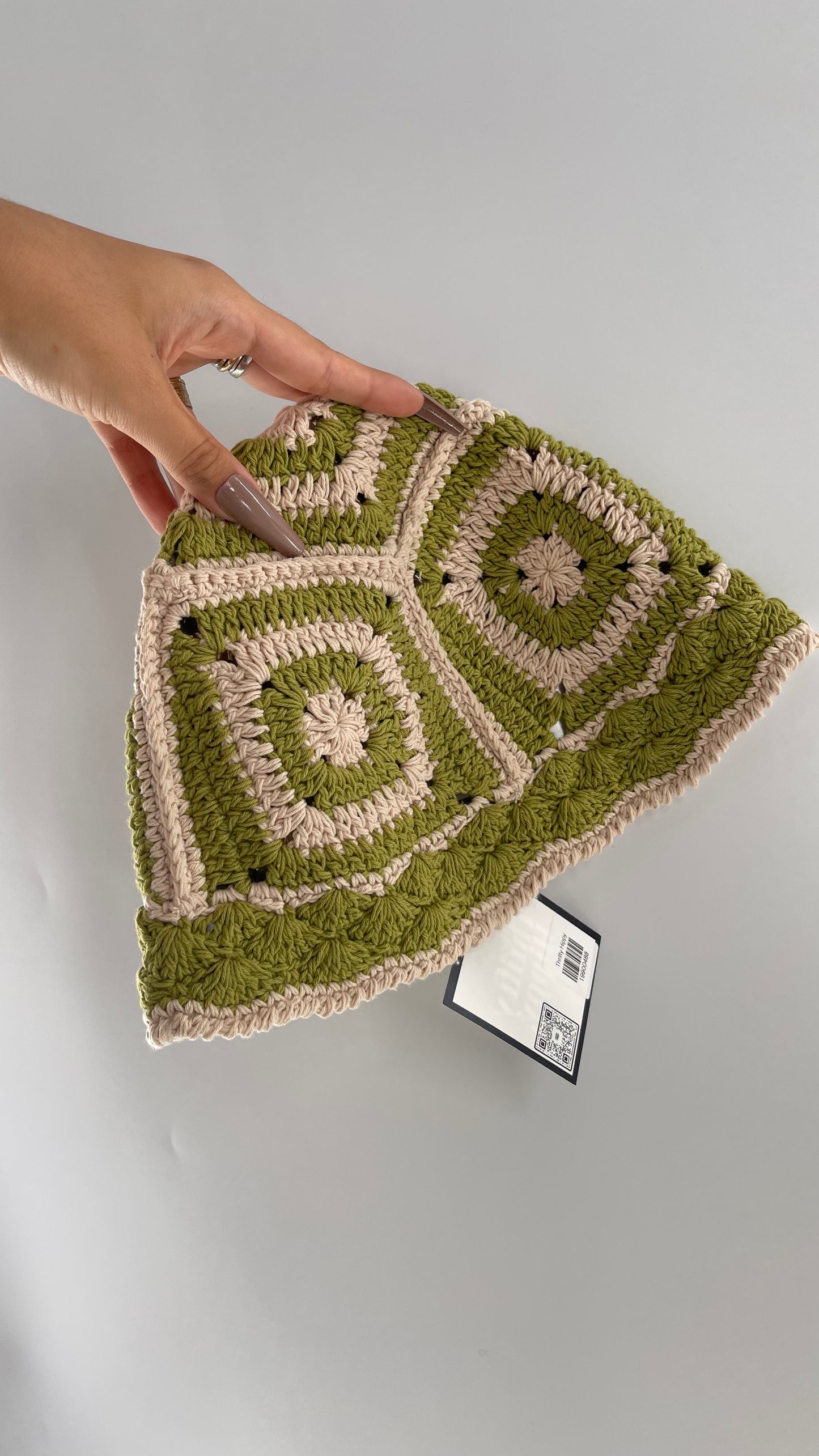 Green and Beige Crochet Granny Knit Bucket Hat