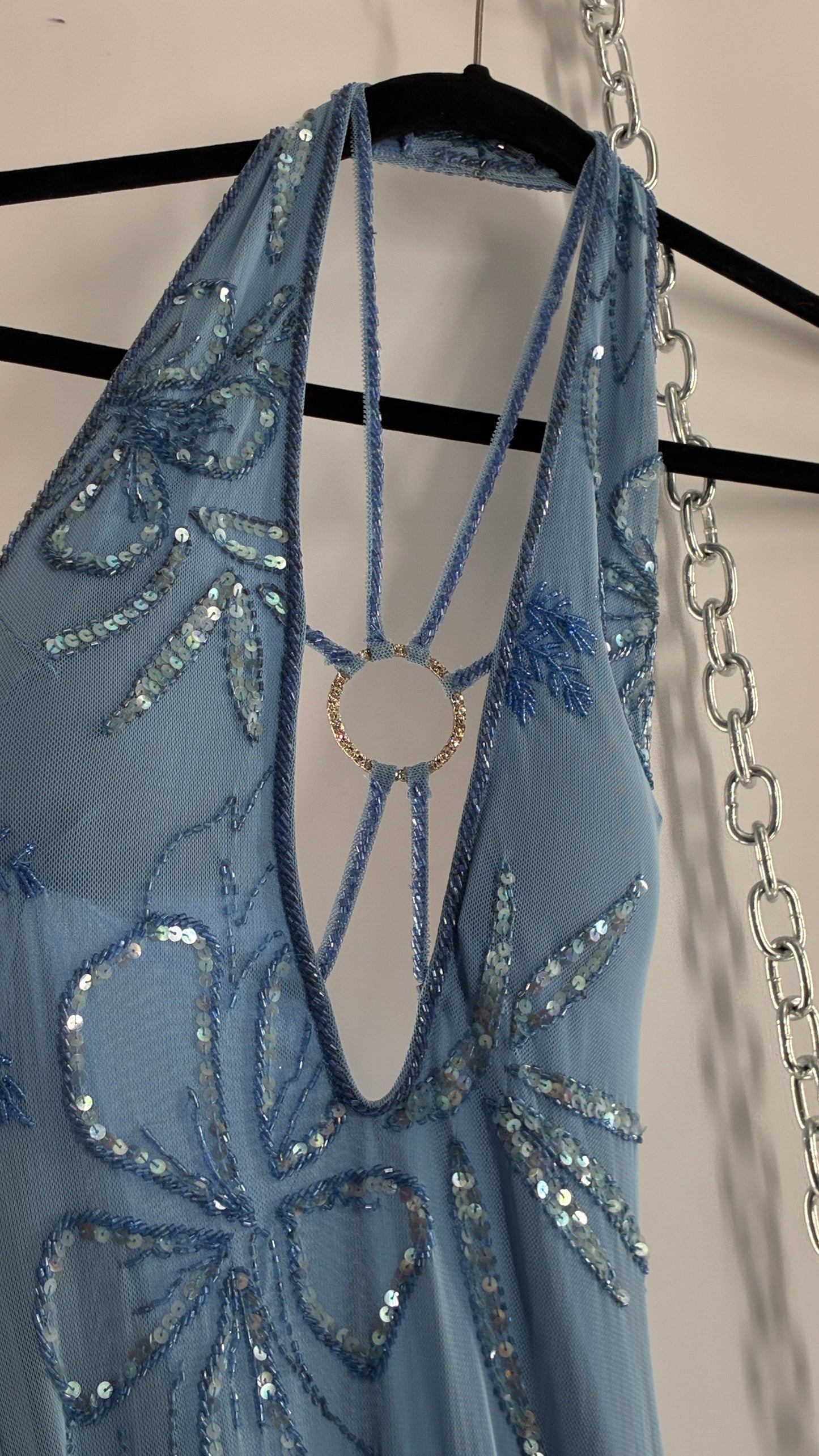 Vintage 1990s Powder Blue Gown Covered in Beaded Appliqué Tropical Designs with Strappy Bust and Low, Open Back (S/M, stretchy no size marked)