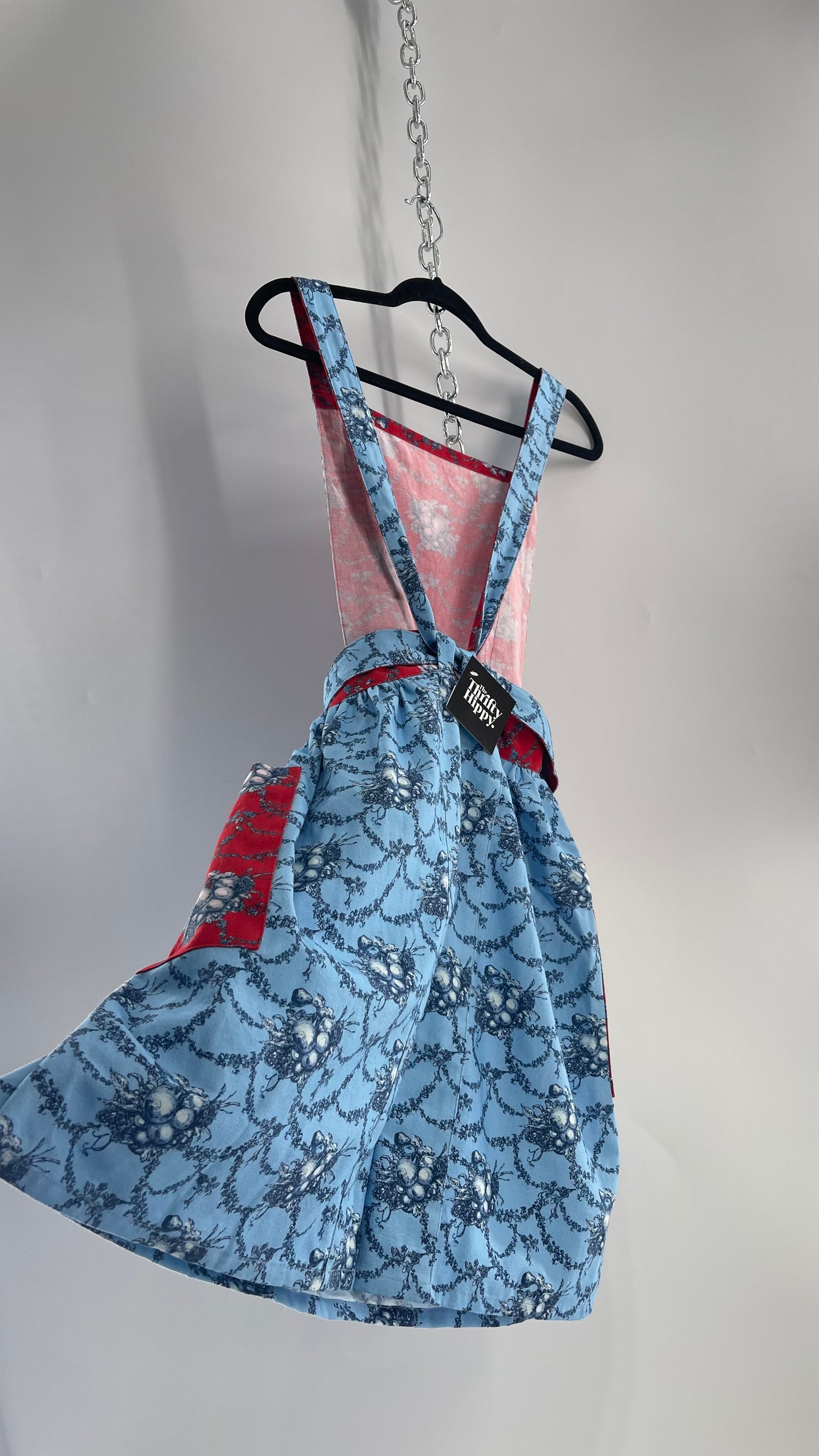 Vintage Apron Red and Baby Blue Floral/Citrus Patterned Mini Dress with Tie Around Bow (S\M)