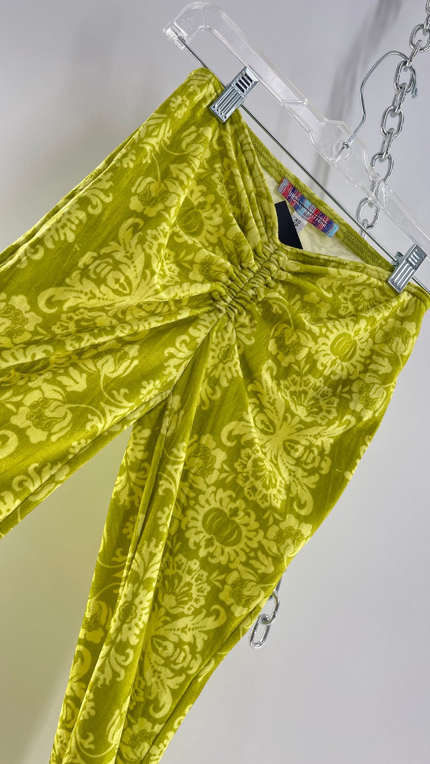 Urban Outfitters Chartreuse Green/Yellow Velvet Lace Patterned Flares with Scrunch Front  (XS)