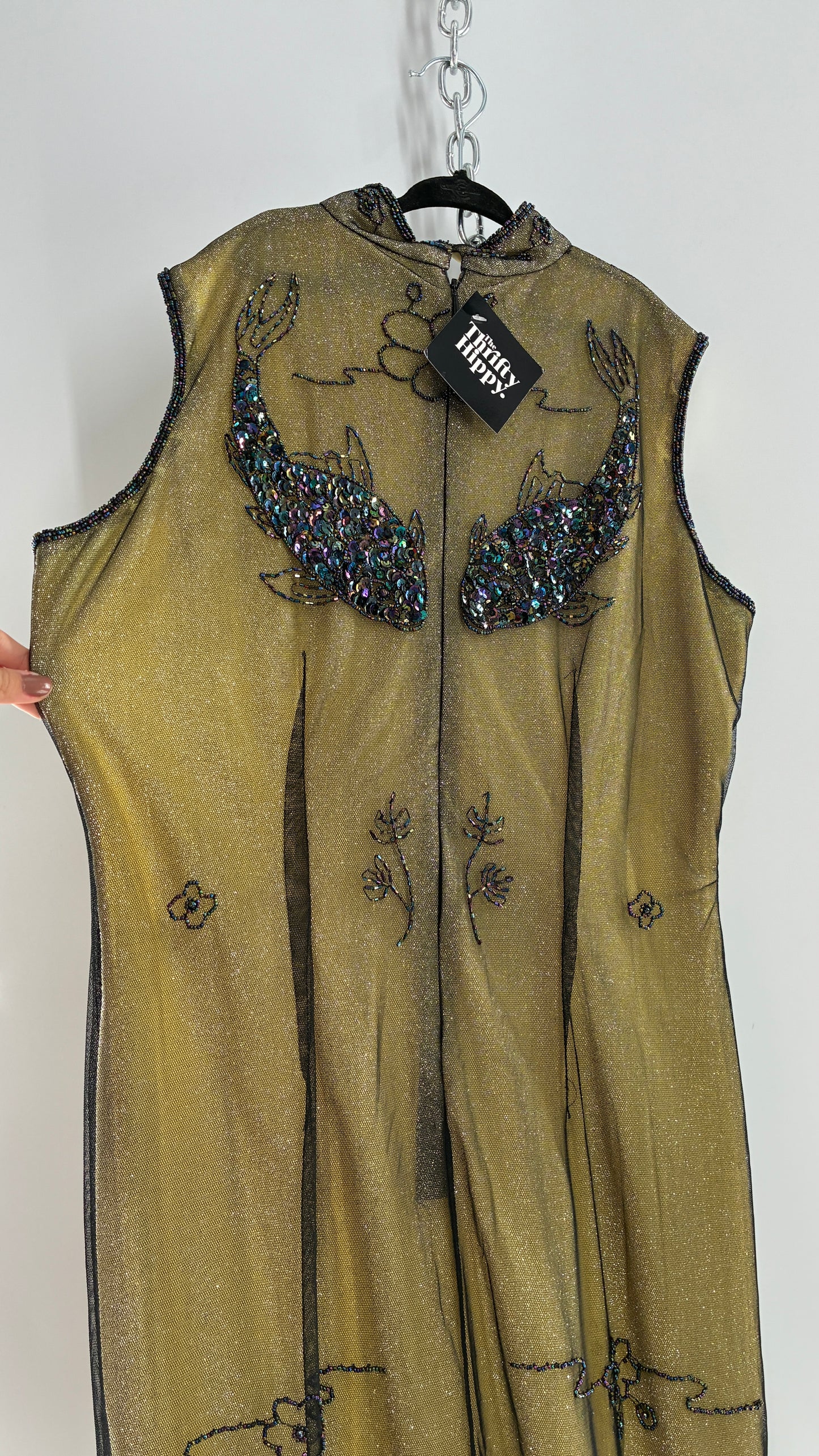 Vintage 1990s One of a Kind Handmade, Green Gown with Beaded Koi Fish, Metallic Tulle Overlay, and Symmetric Back (Medium)