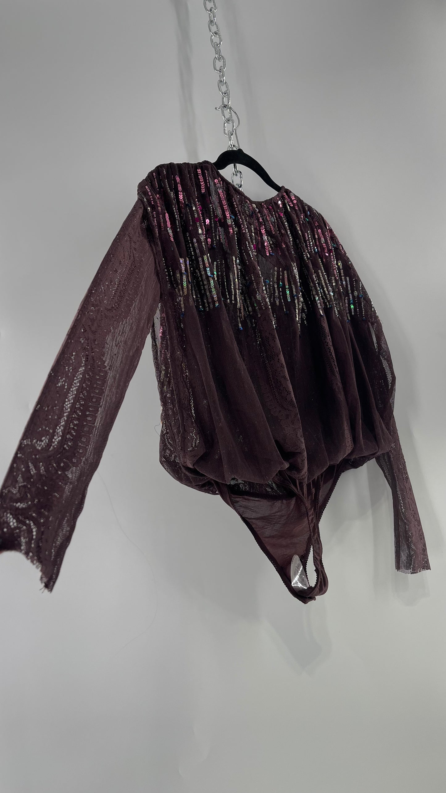 Intimately Free People Plum Mesh Bodysuit with Lace Sleeves and Beaded/Sequined/Embellished Body (Medium)