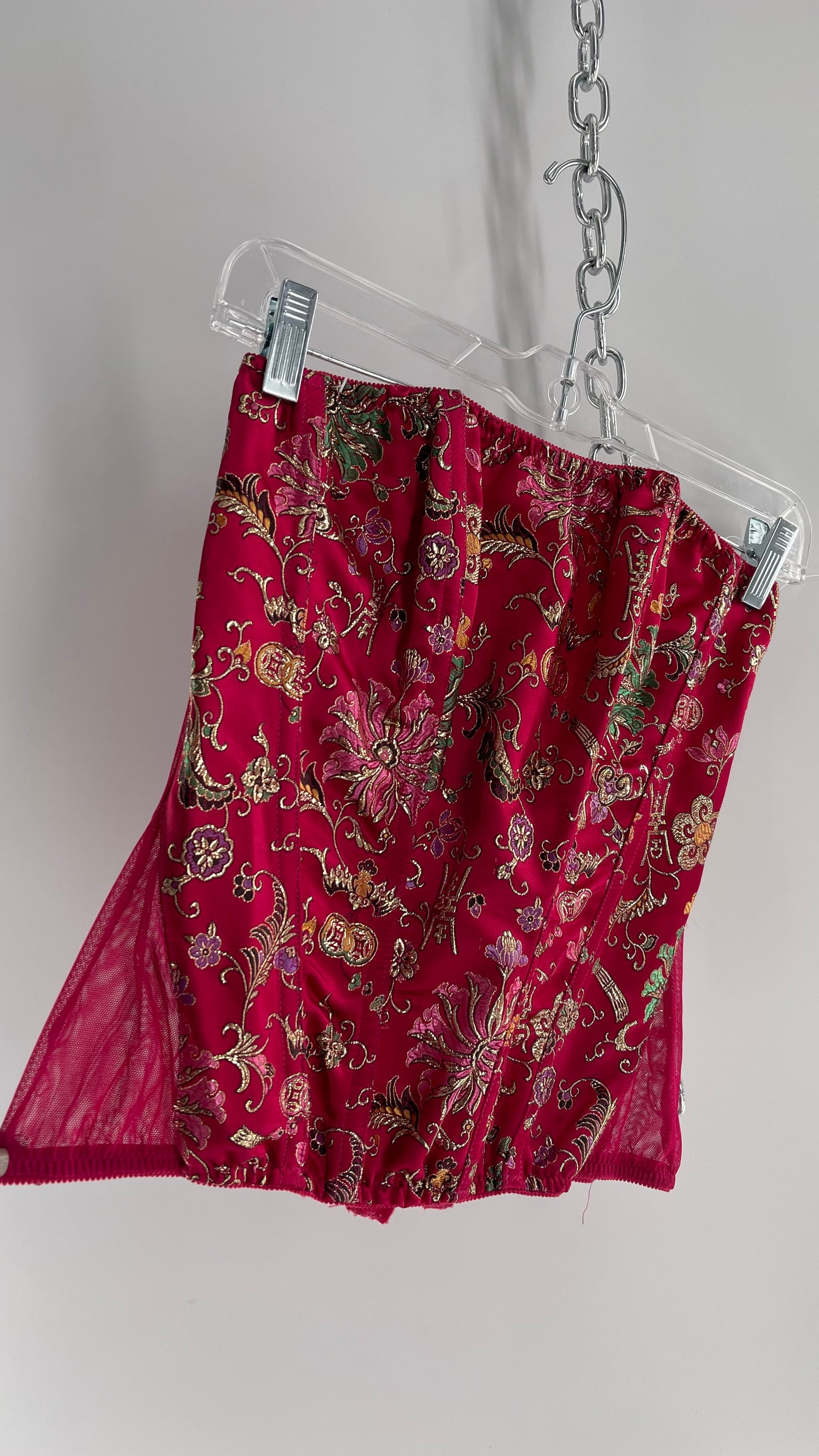 Vintage 1990s HOT Hot Pink Jacquard Metallic Boned Corset with Mesh Back and Hips (Small)
