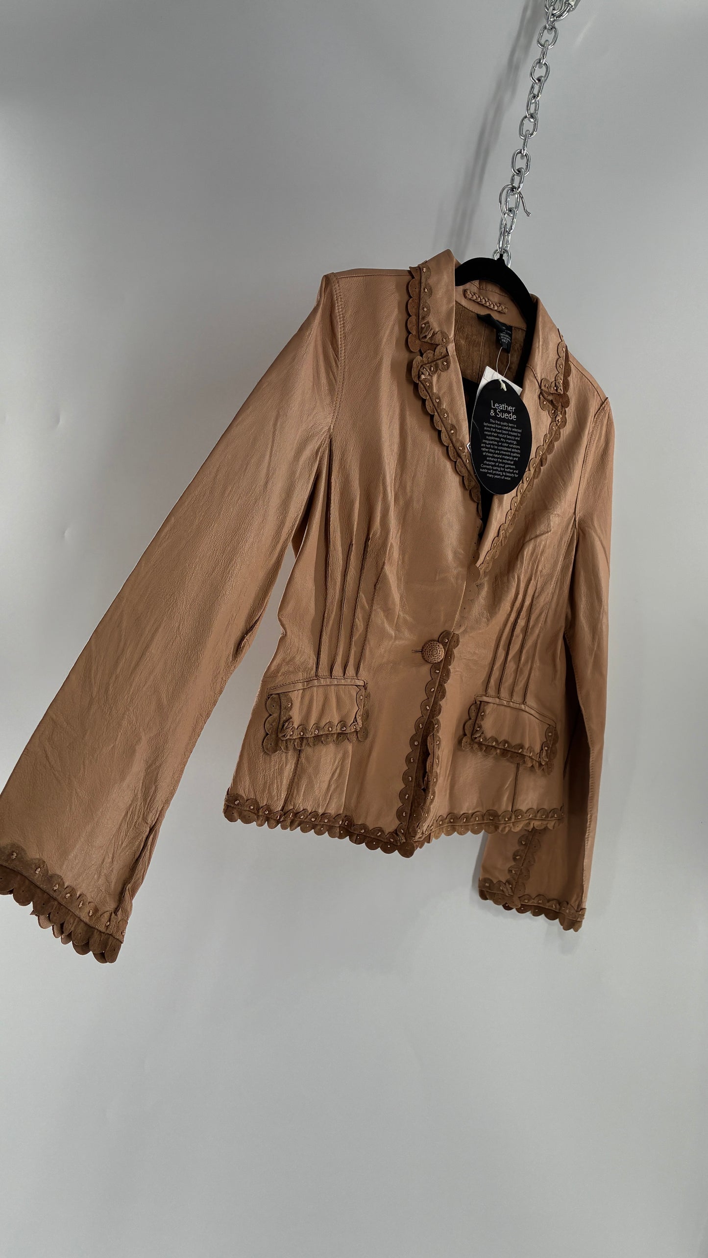 RARE Deadstock Vintage Cami Brown Thin Leather Jacket with Suede Scalloped Trim (12)