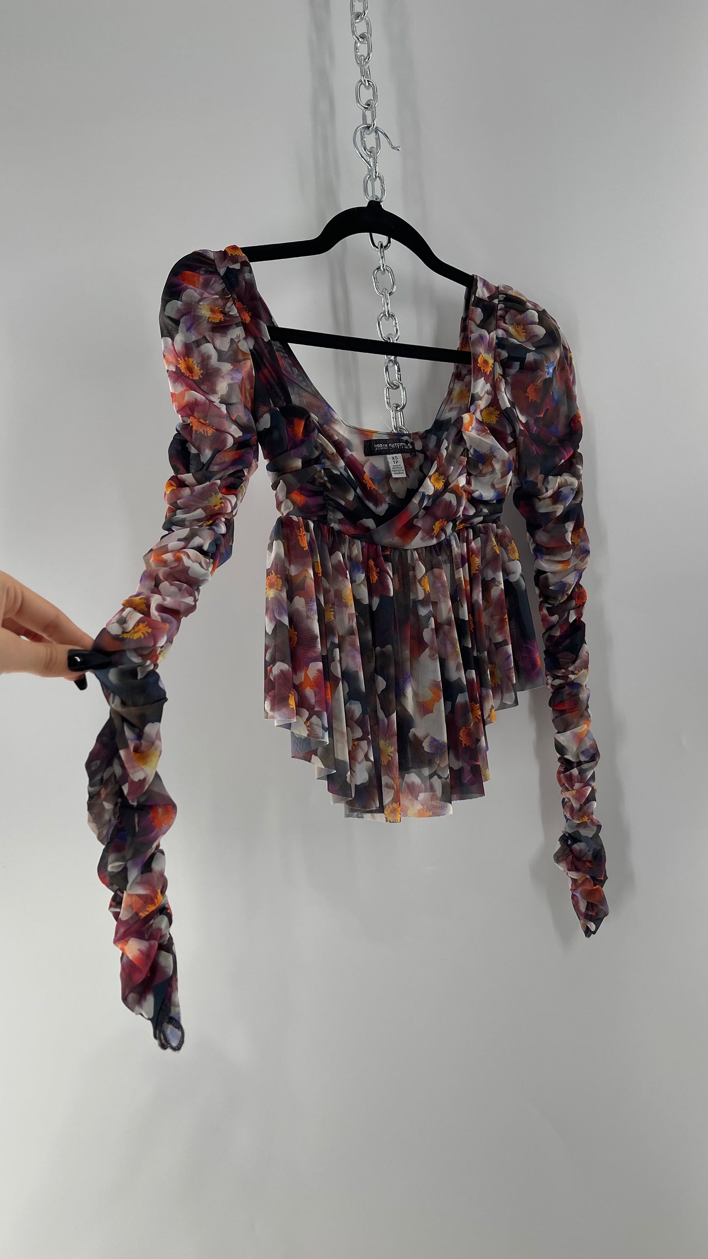 Urban Outfitters Psychedelic Floral Mesh Cropped Blouse with Ruched Sleeves and Pleated Hem (XS)