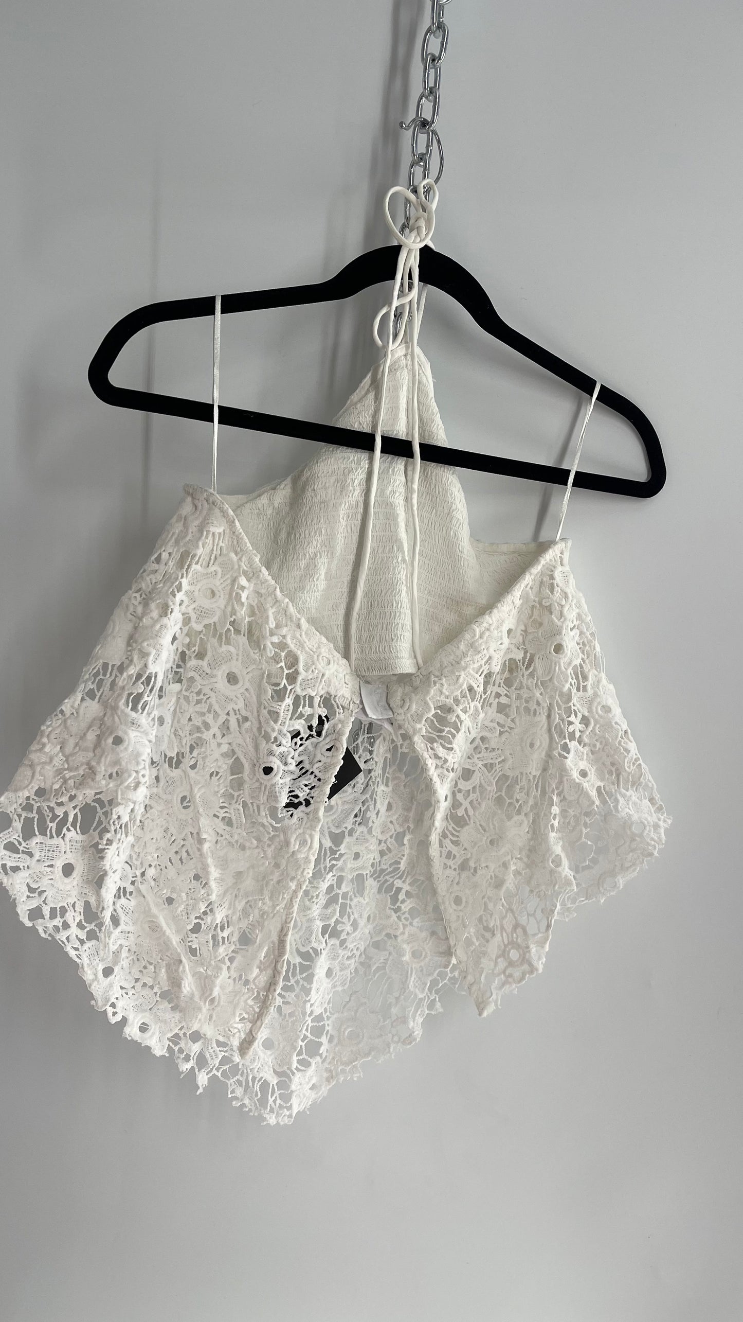 Free People White Smocked Halter with Lace Overlay (Large)