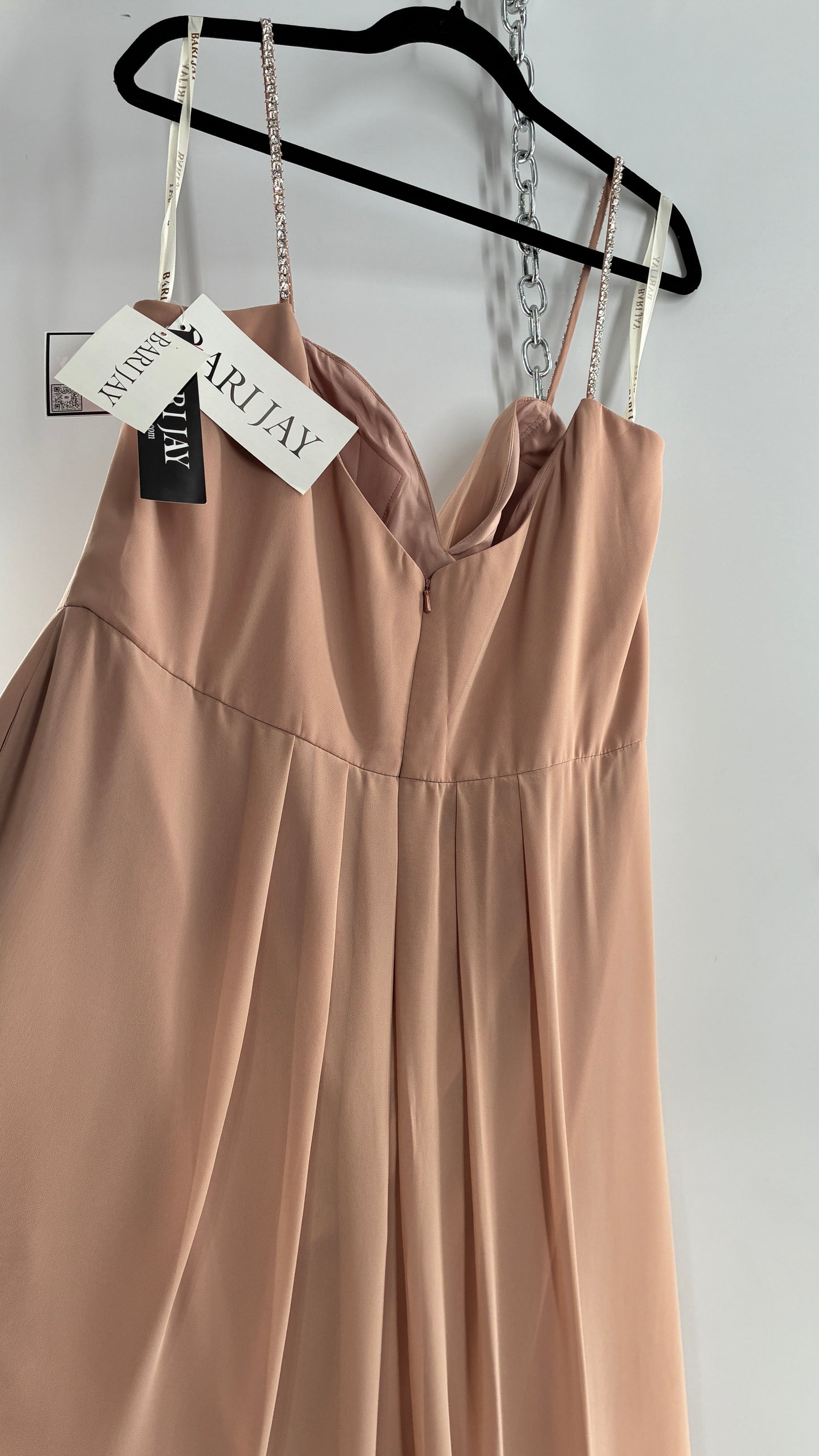 Vintage BARI JAY Nude/Blush Pink Full Length Dress with Embellished Straps and Side Slit Detail (16W)