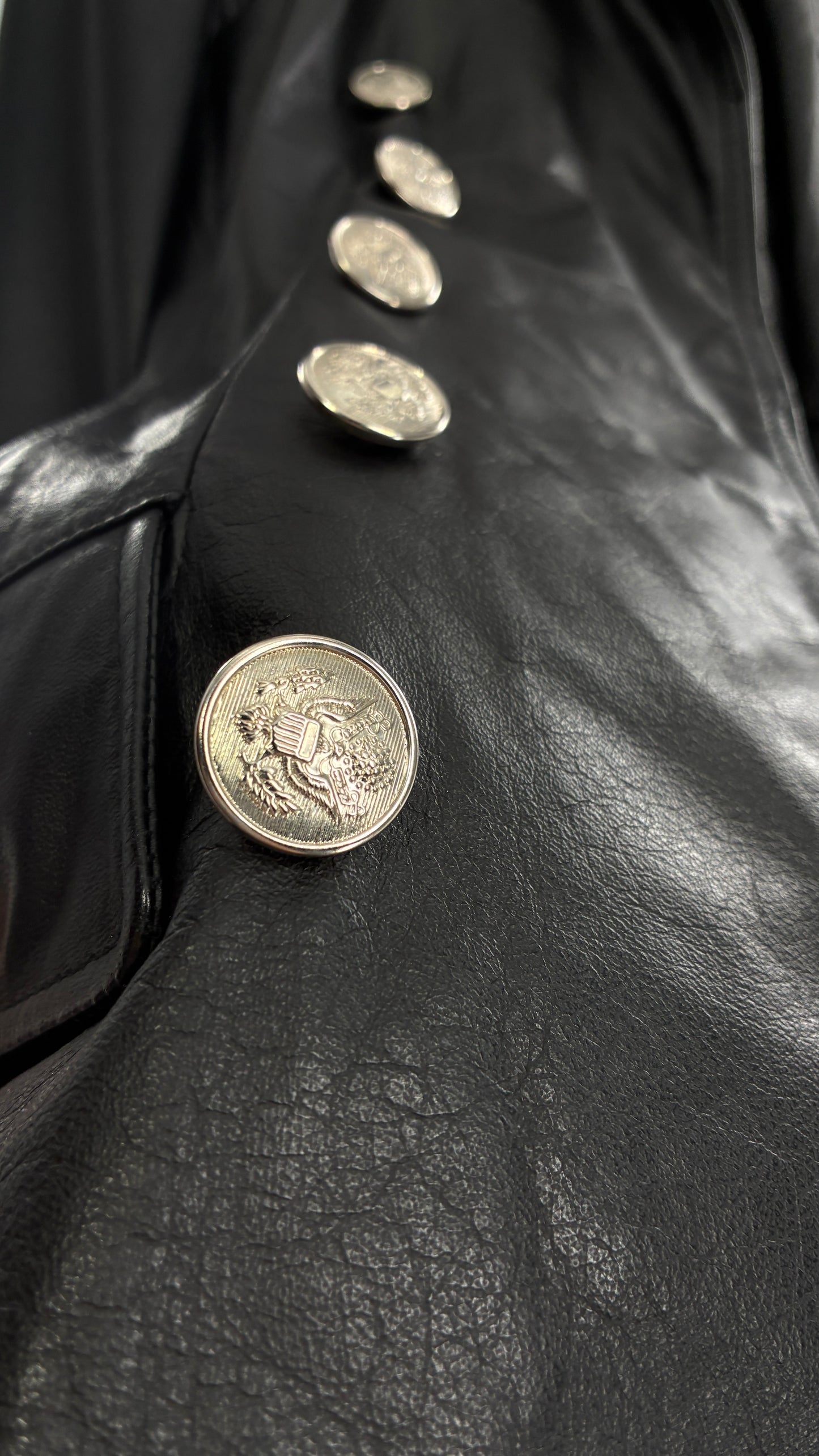 Vintage Virginia Slims Black Genuine Leather Military Jacket with Double Breasted Embossed Buttons (Large)