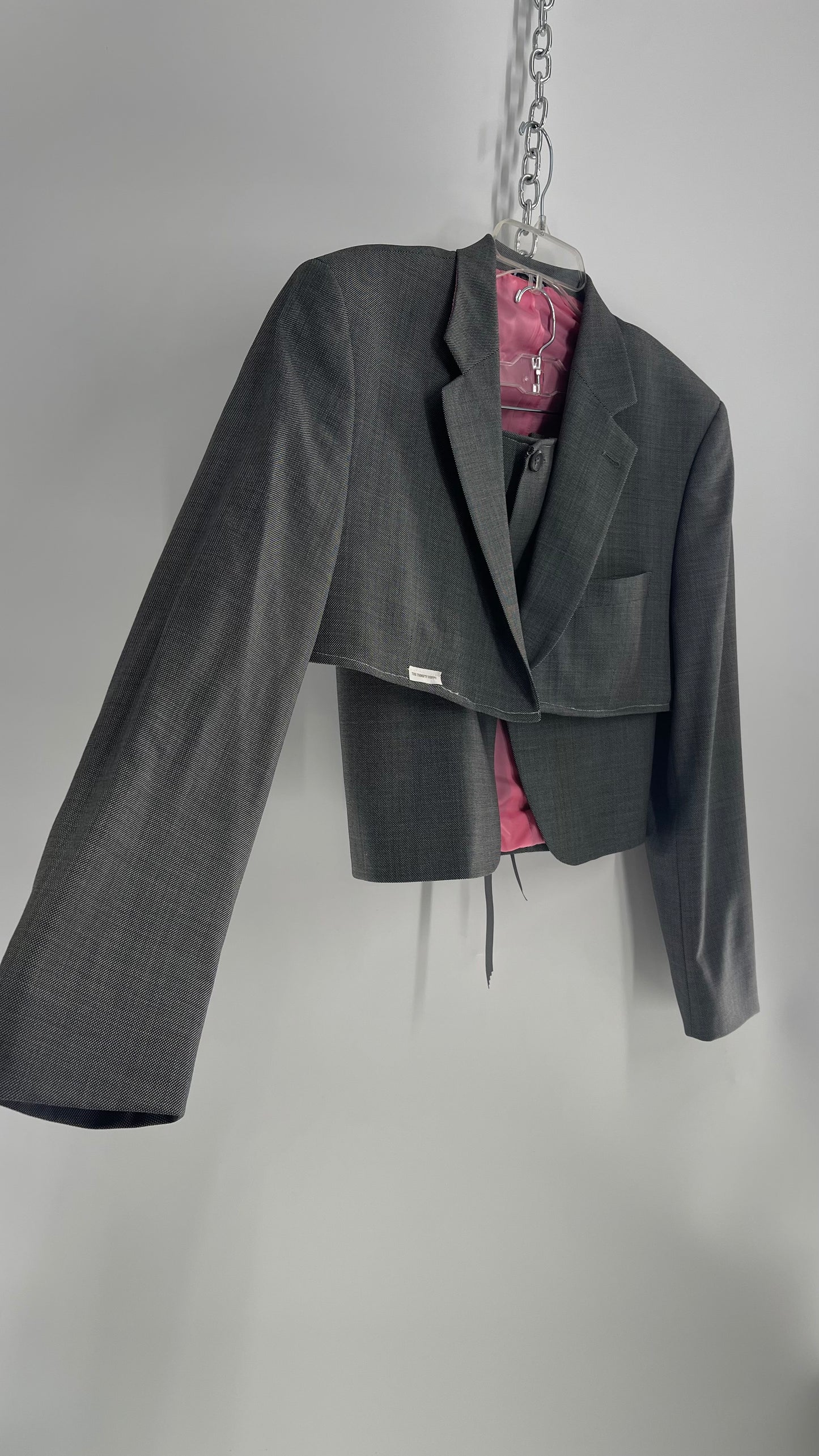 Custom Handmade Gray 2Piece Suit Set with Pink Satin Lining, Cropped Blazer, and Corseted Skirt (S-L)