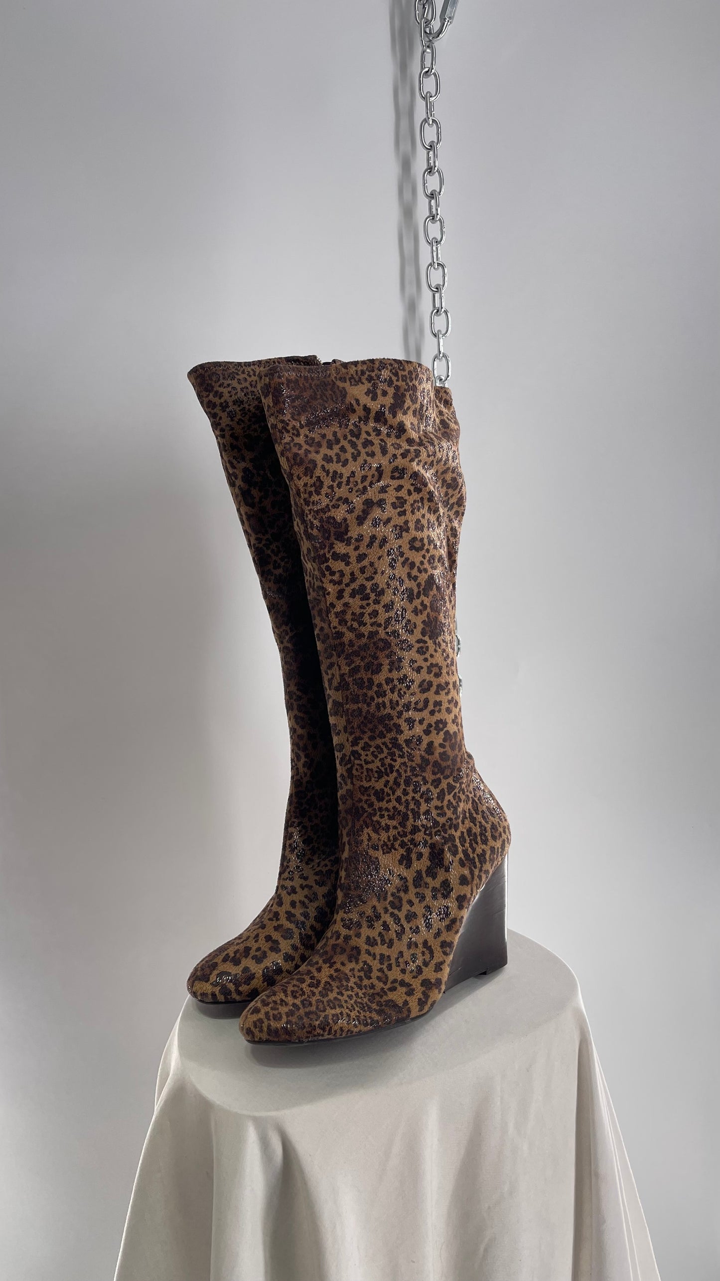 Vintage Impo Stretch Cheetah Sheen Wedge Heel Boots (10)