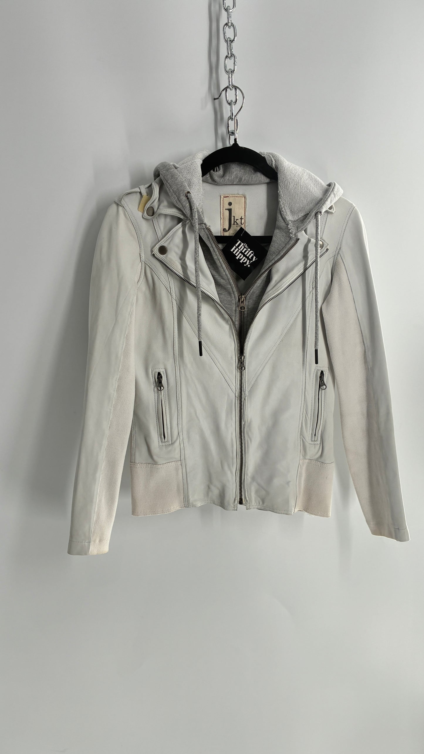 Jakett White Molly Burnished White Genuine Leather Double Layer Moto Jacket with Removable Grey Hoodie Insert (XS)