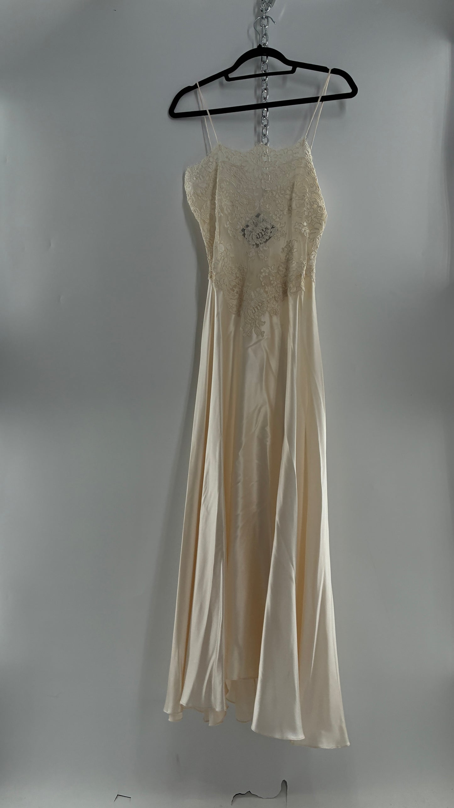 Vintage JONQUIL 100% Silk Gown with Heavy Lace Appliqués and Low Cut Sheer Back (Medium)