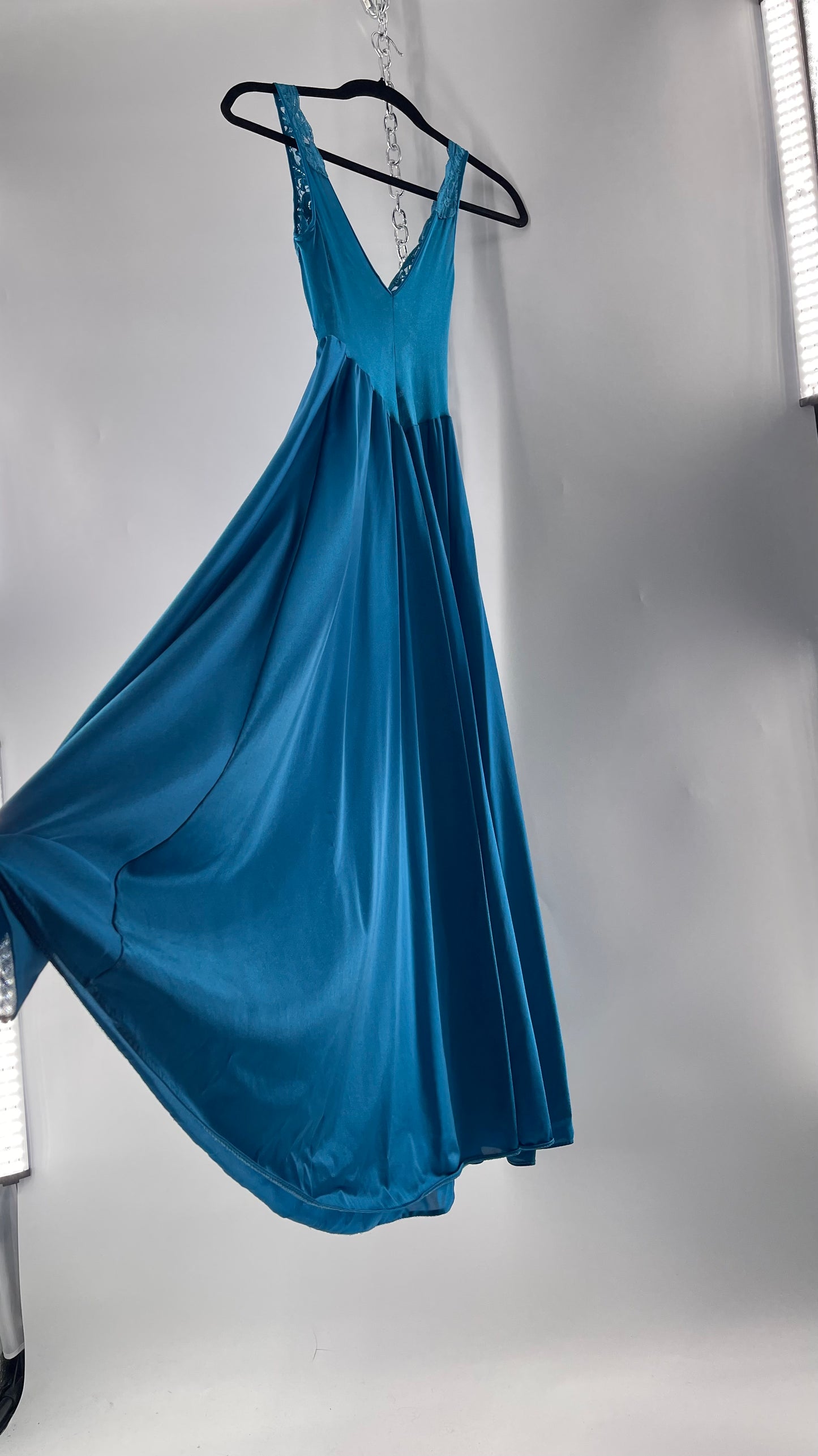 Vintage Olga Intimates Floor Length Voluminous Blue Jewel Toned Maxi Dress/Night Gown with Lace Bust (Small)