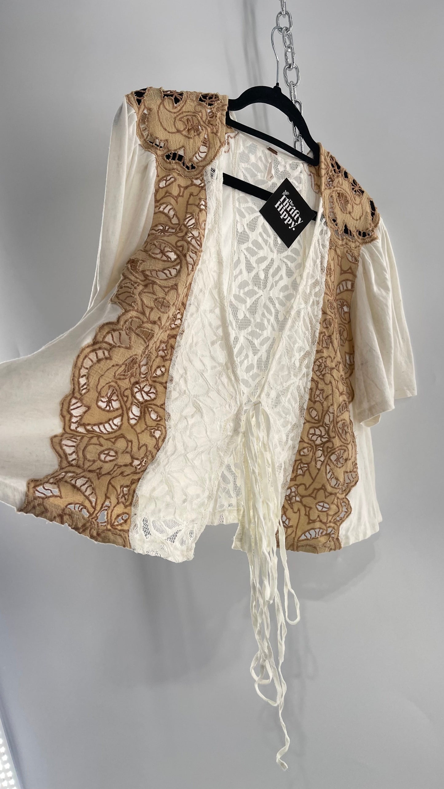 Free People Off White Woven Tie Front/Tie Around Too with Brown Eyelet Lace (Small)