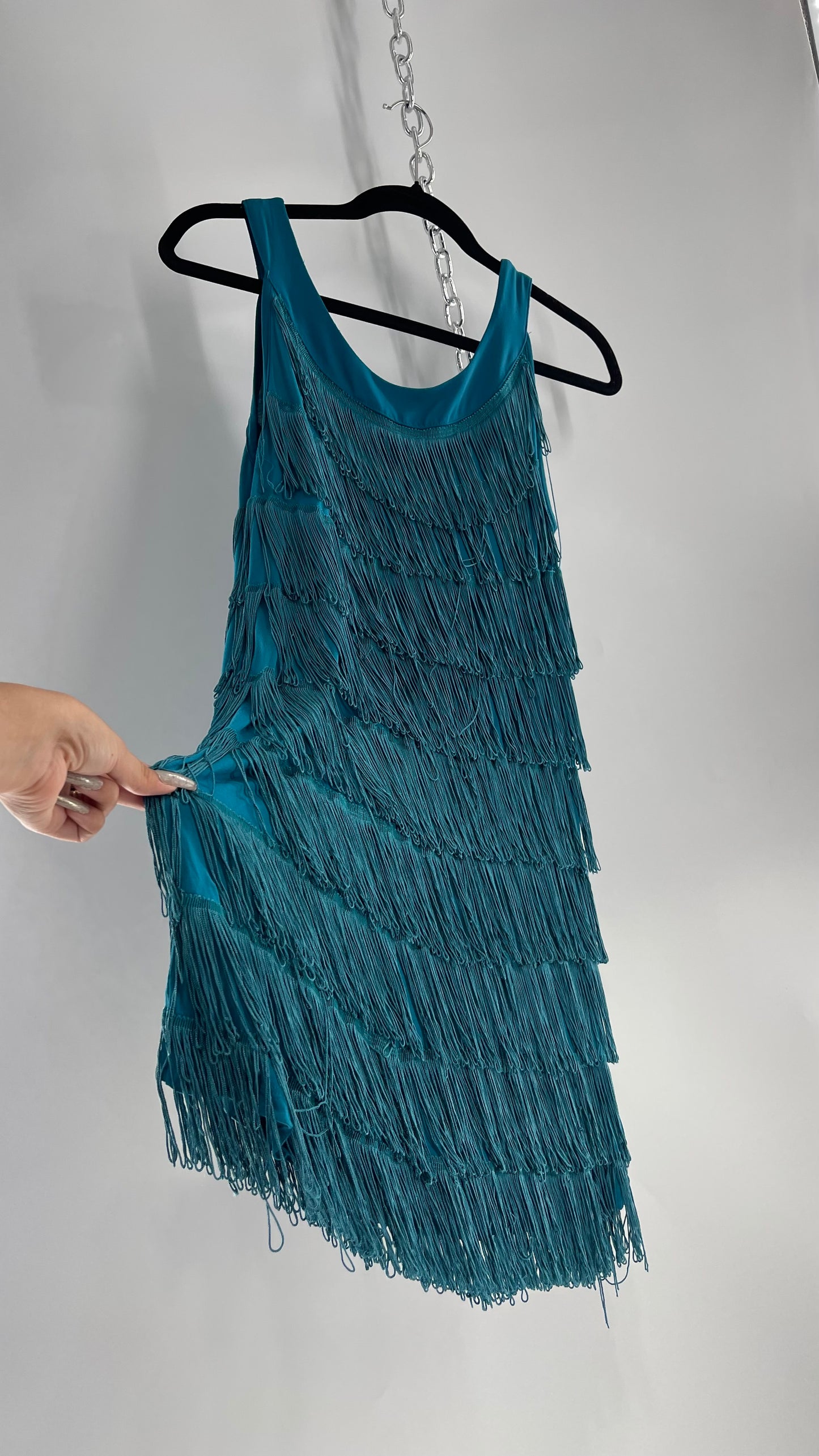 Vintage Teal Fringe Cowgirl Party Tunic Mini Dress (Small)