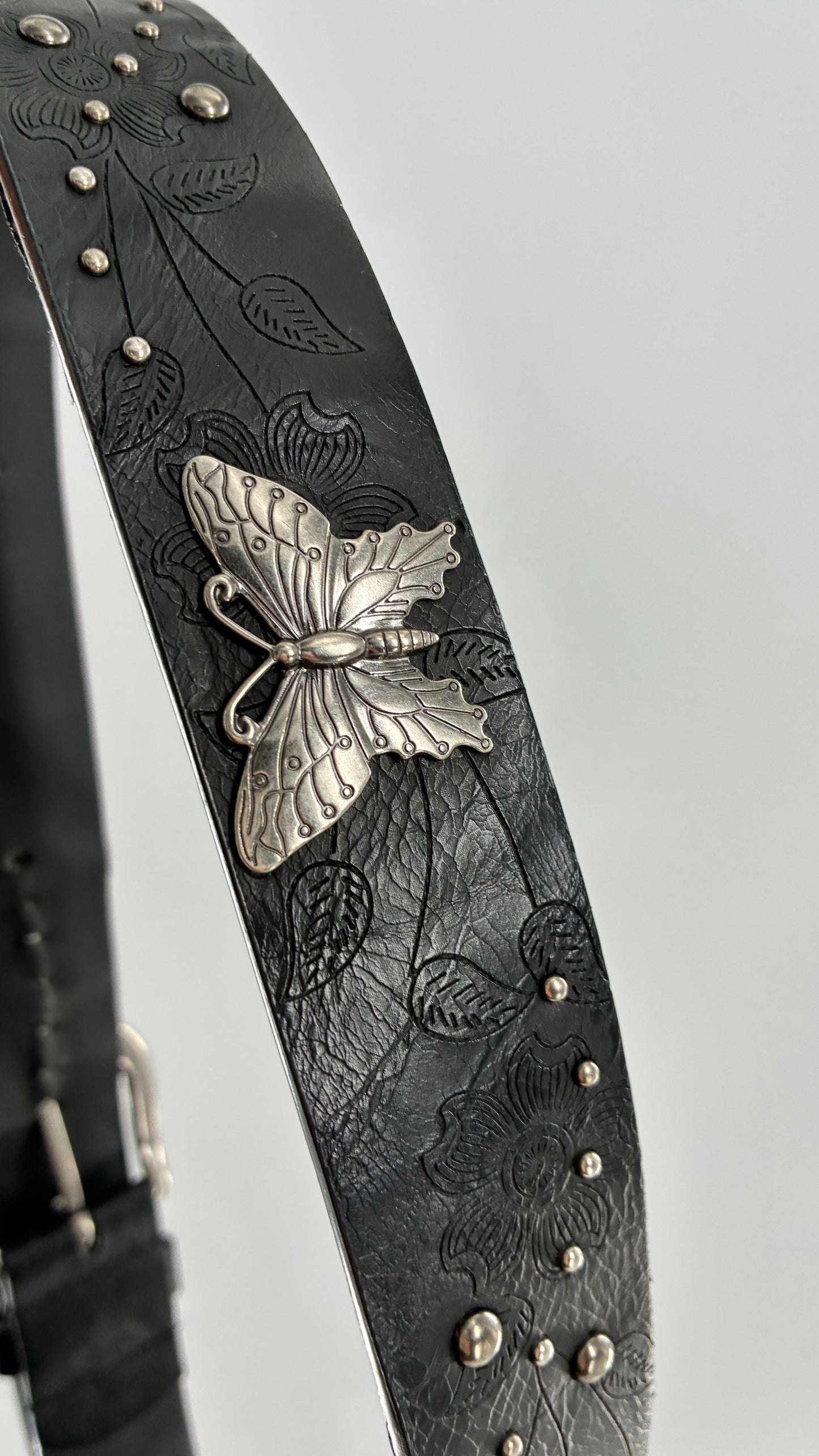 Vintage Distressed Black Embossed Belt with Silver Metal Butterfly Medallions (XL)