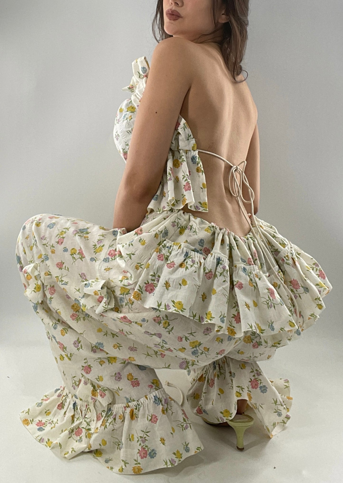 Vintage 2 Piece Floral Babydoll Set with Adjustable Top and Adjustable Pants Featuring Bow Sides and Ruffles Bum (One Size)