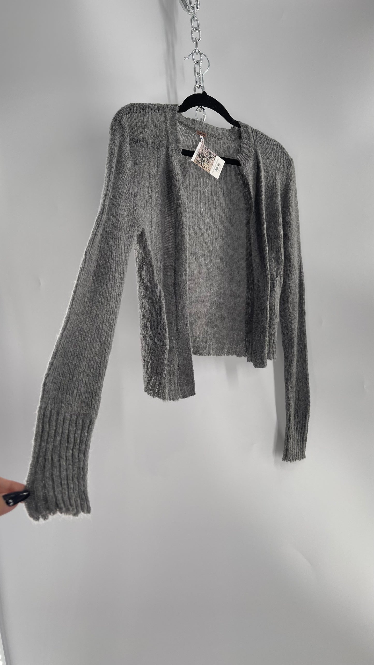 Free People Gray Pocketed Cropped Cardigan (XS) 29% Mohair 21% Wool