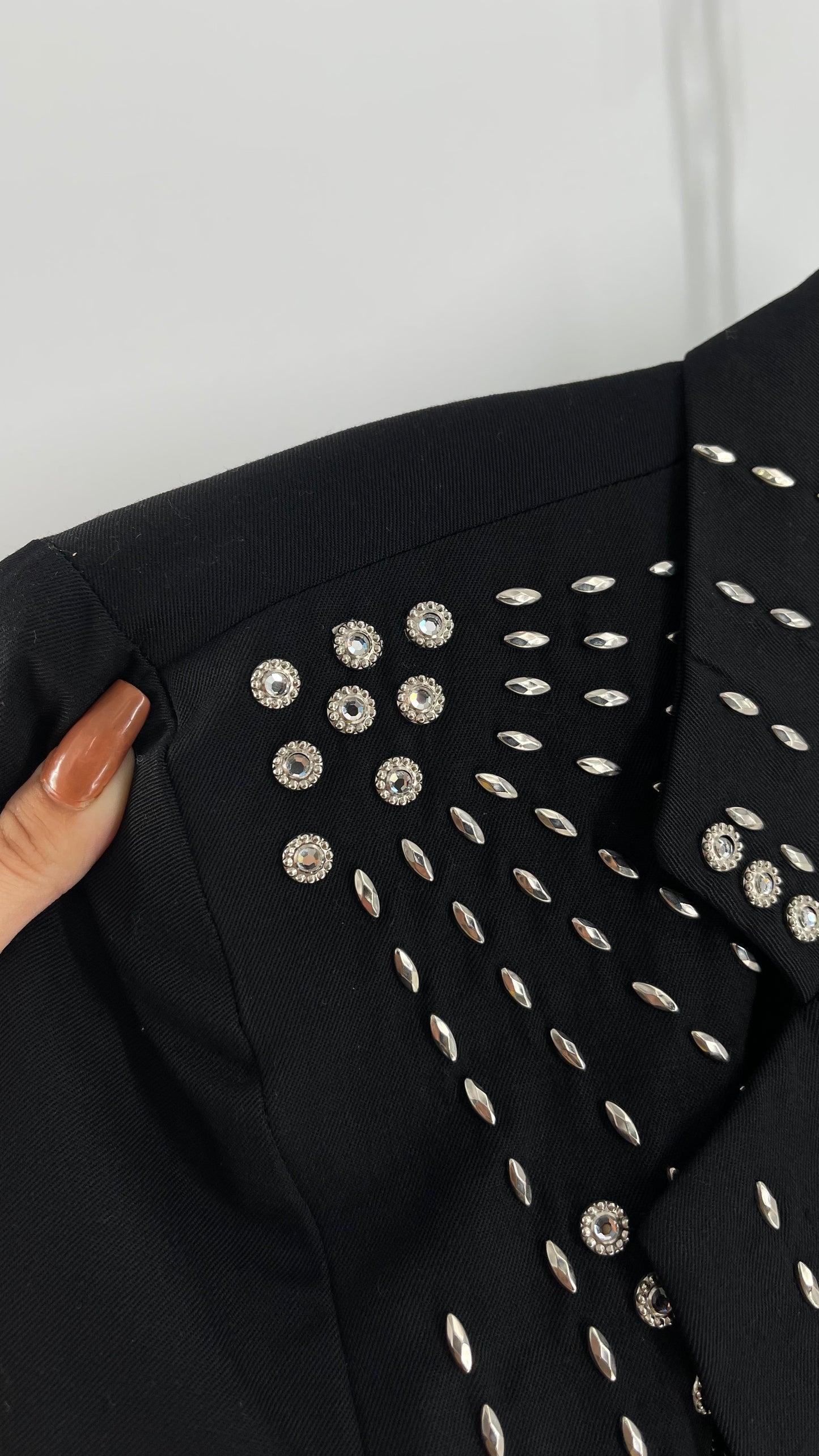 Vintage Black Blazer with Silver Metal Studs and Rhinestone Embellishments (C)(Medium)