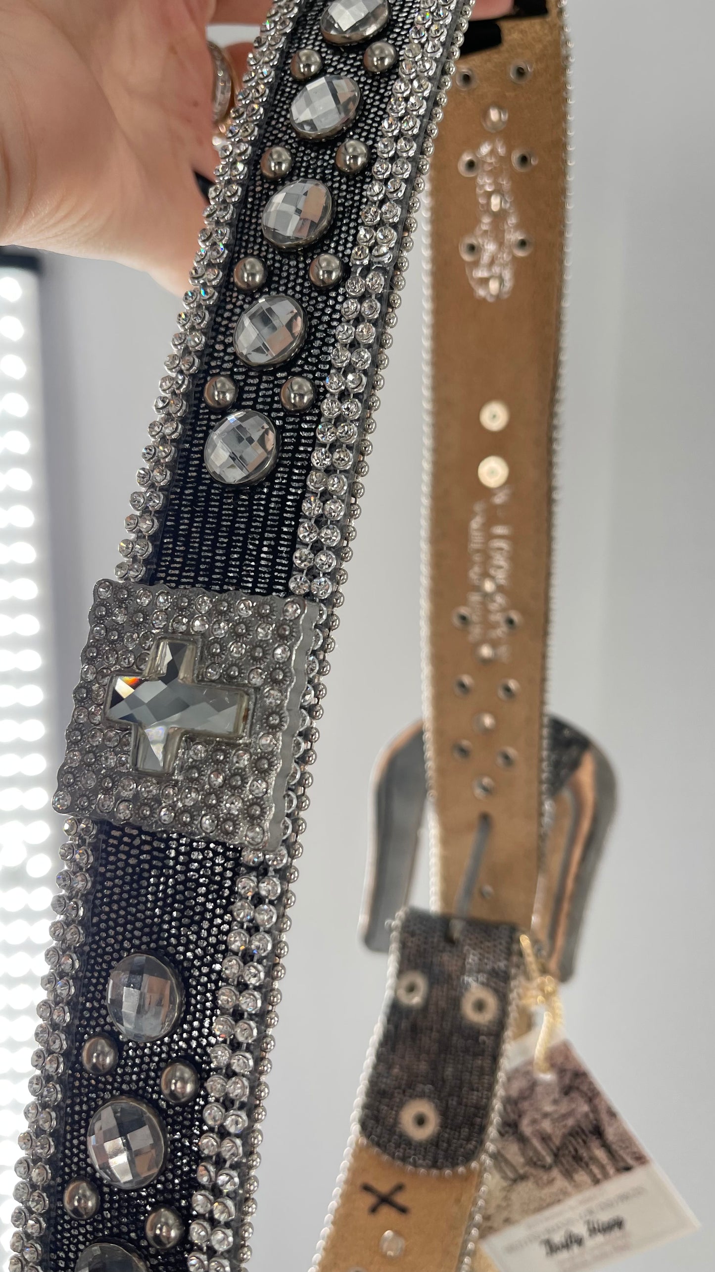 Free People Dark Silver Metallic Snake Print Belt covered in Crystal Embellishments and Heavy Metal Crosses (M)