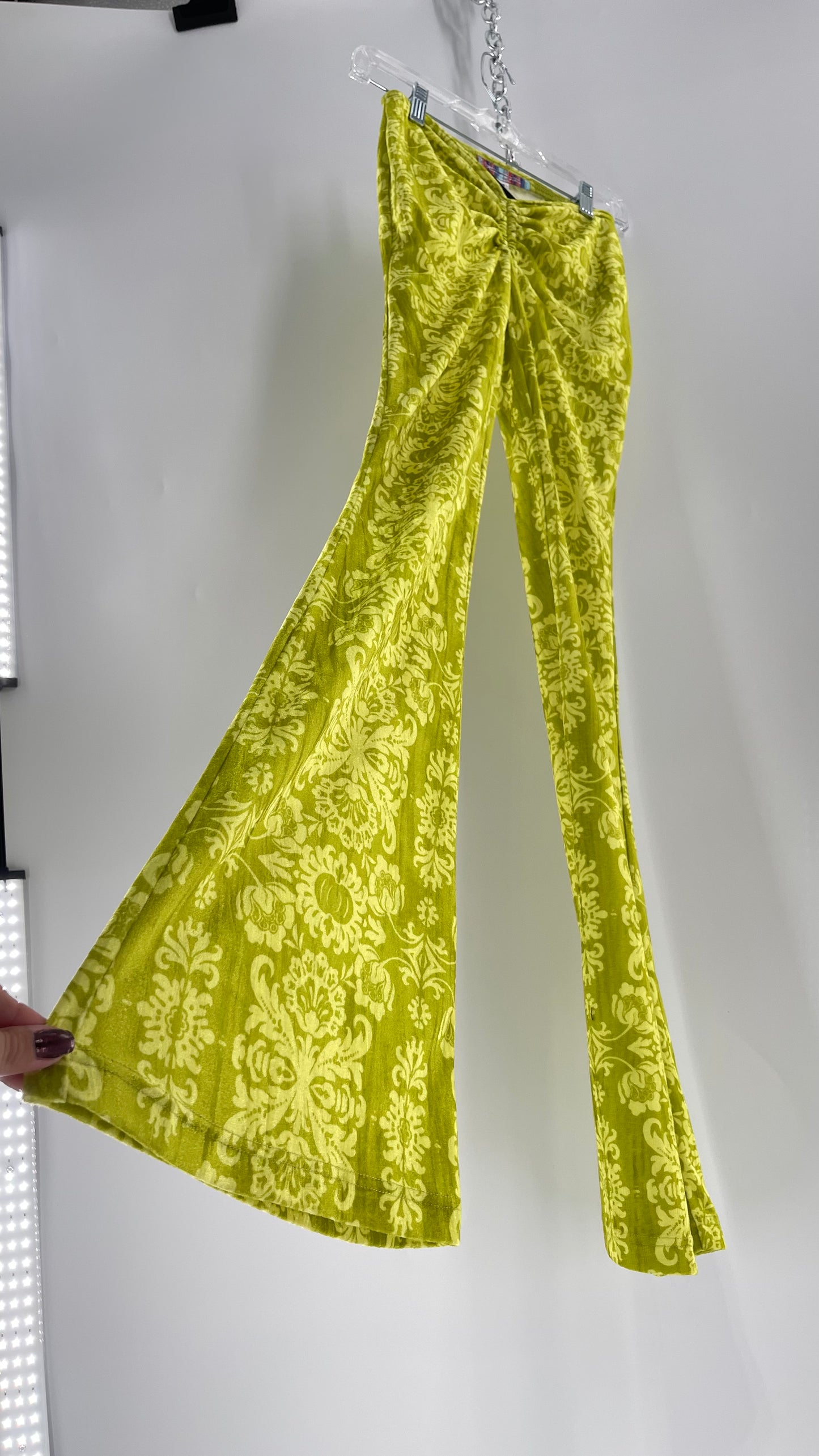Urban Outfitters Chartreuse Green/Yellow Velvet Lace Patterned Flares with Scrunch Front  (XS)