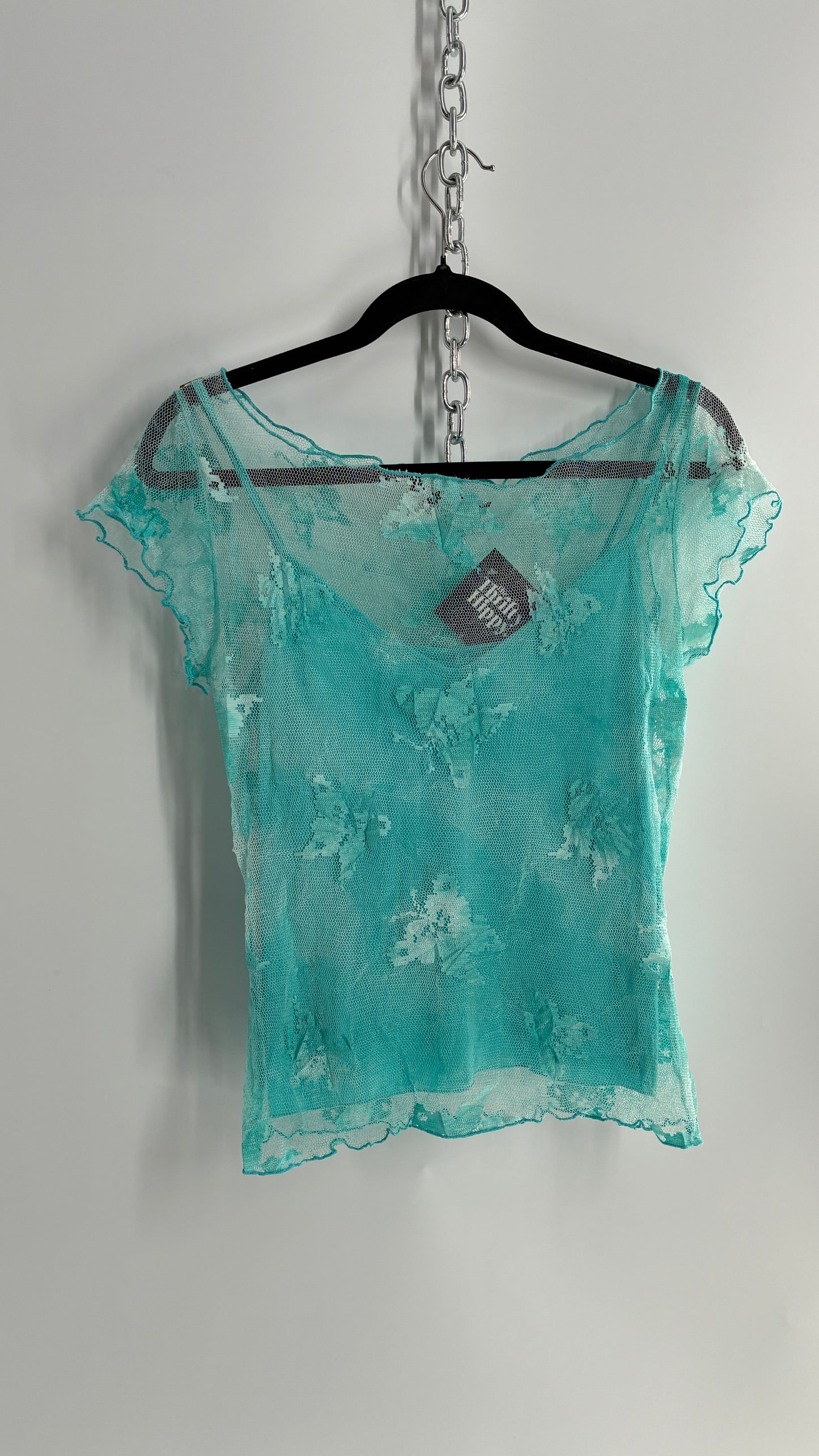 1990s VINTAGE Butterfly Baby Blue Mesh Blouse (Large)