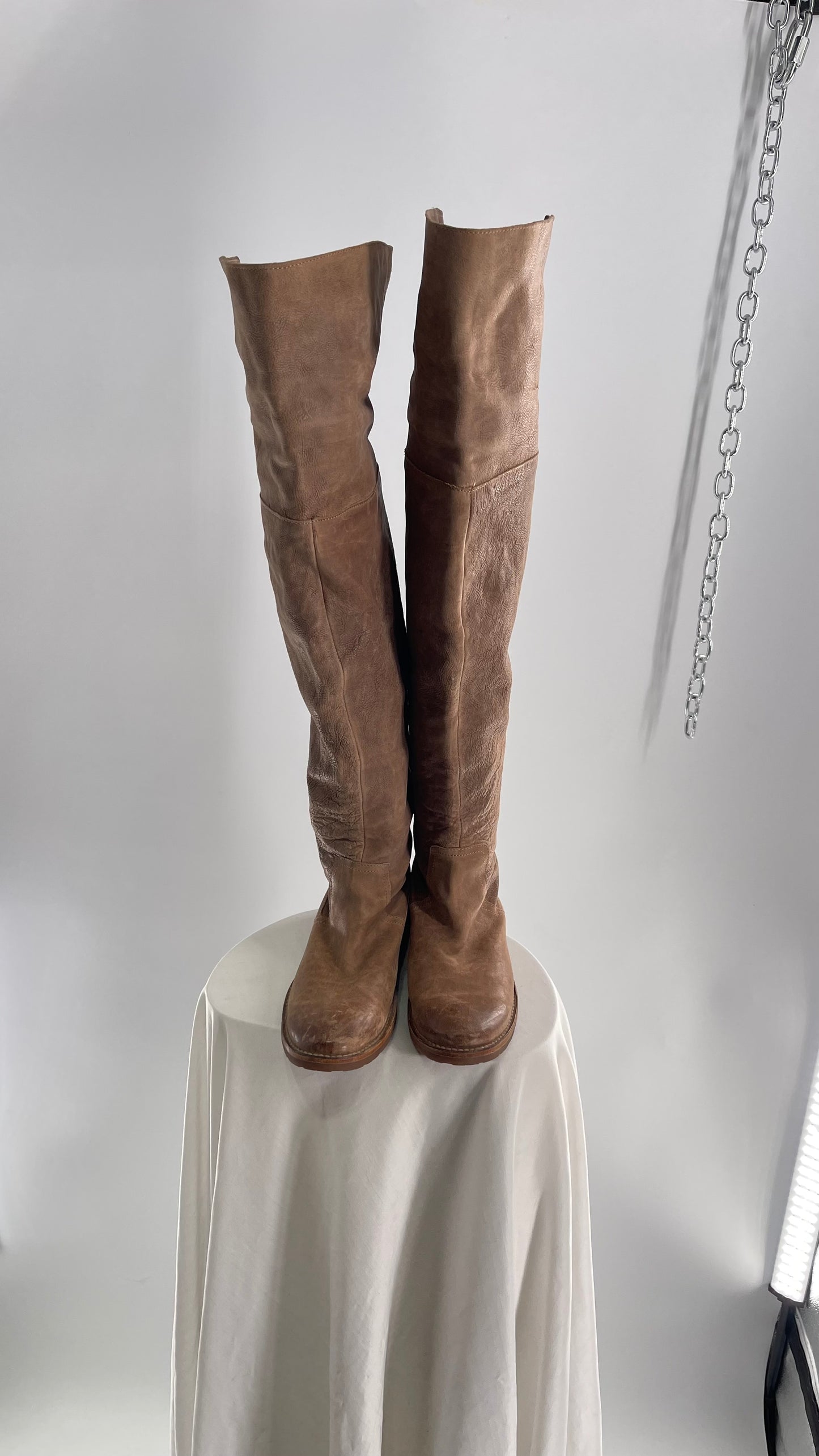 Frye Taupe Leather Over the Knee Fold Over Celia Boots (8)