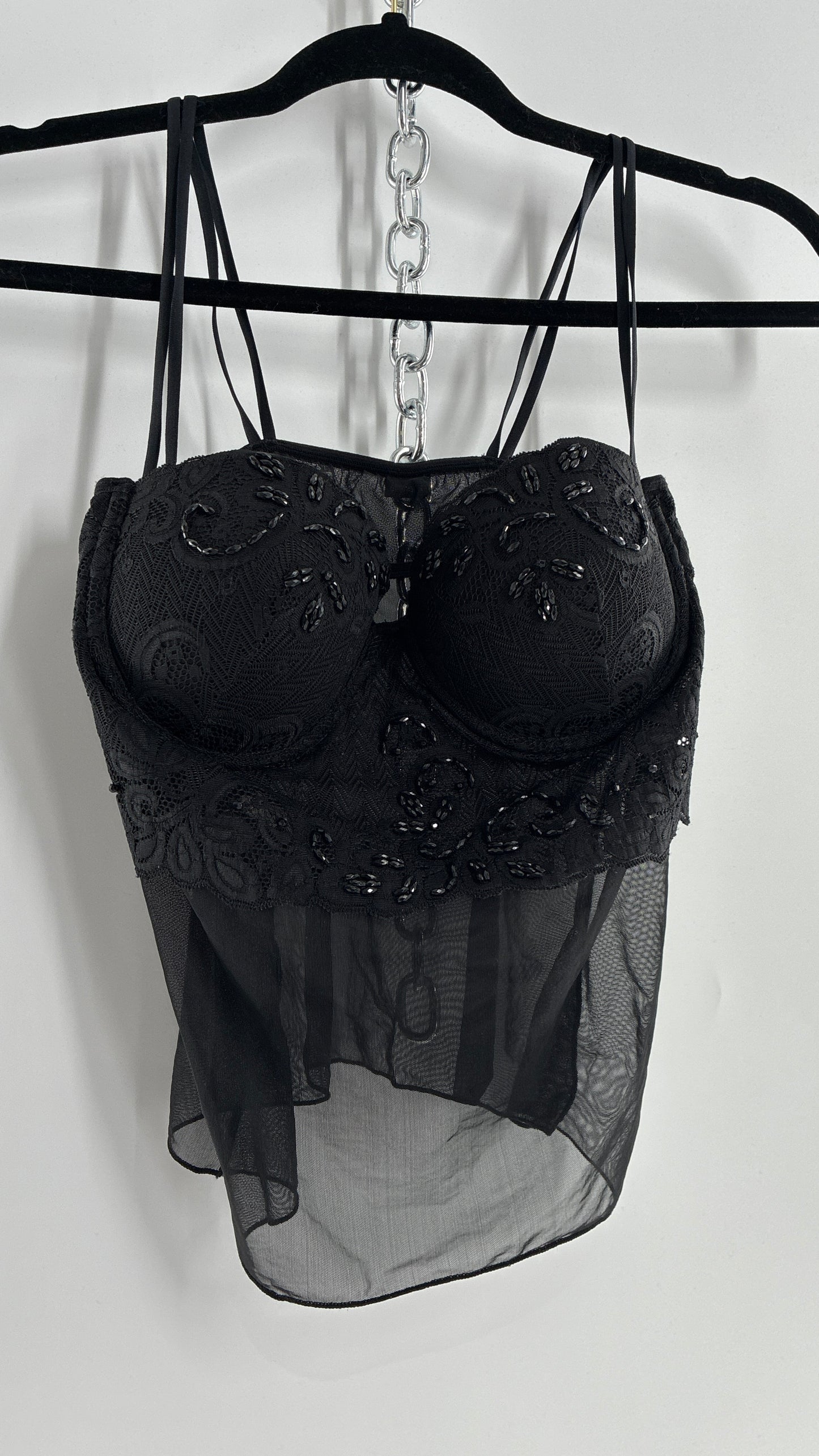 Vintage LA FRESCA Black Lace Bustier Babydoll with Mesh Bodice and Beaded Cups/Band (Large)