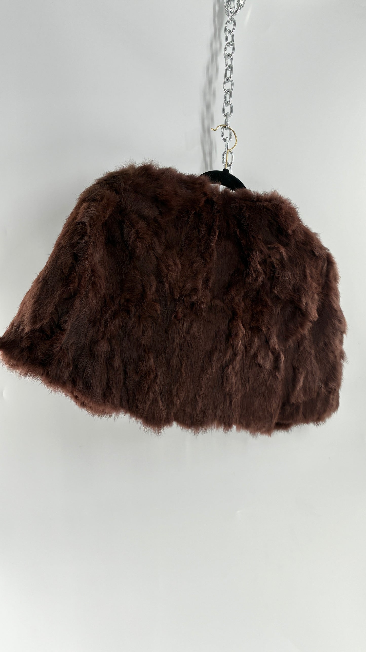 Vintage CAROLINE 100% Rabbit Fur Brown Shrug Cape with Oversized Round Buckle (One Size)