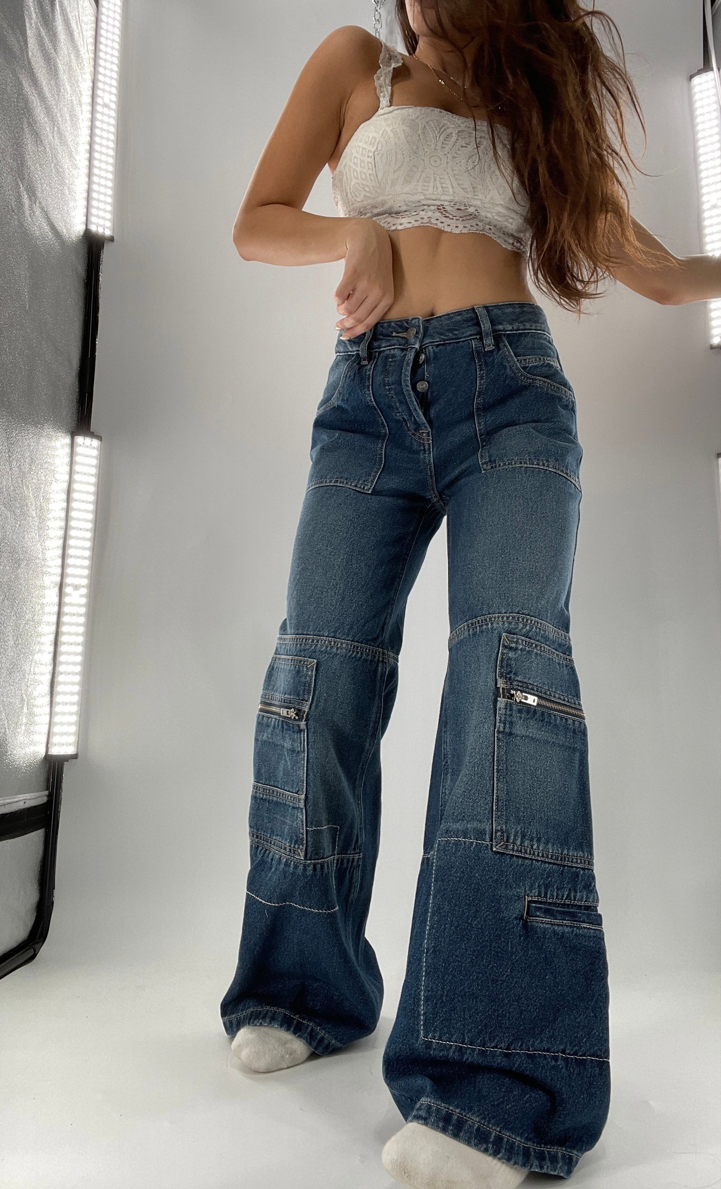 Free People Medium Wash Baggy Straight Legs Jeans Covered in Zippers, Pockets, Stitching (28)
