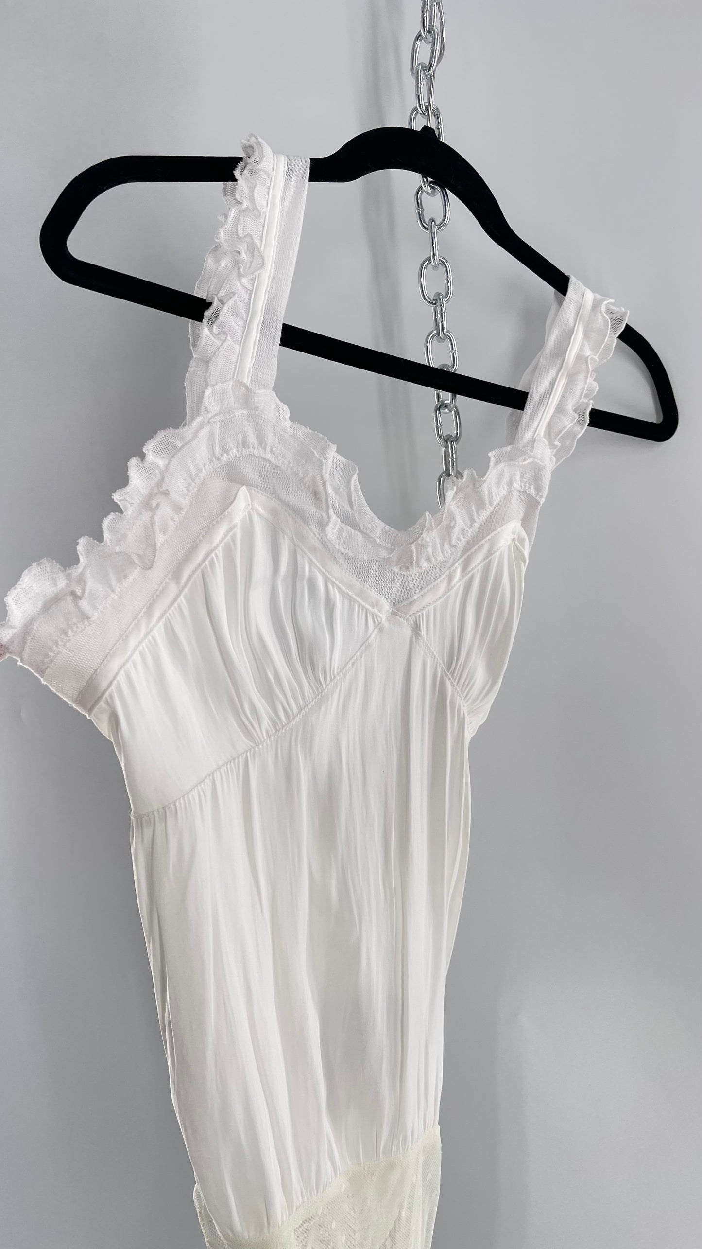 Free People White Silky Soft Bodysuit with Ruffled Bust-line and Straps (M)