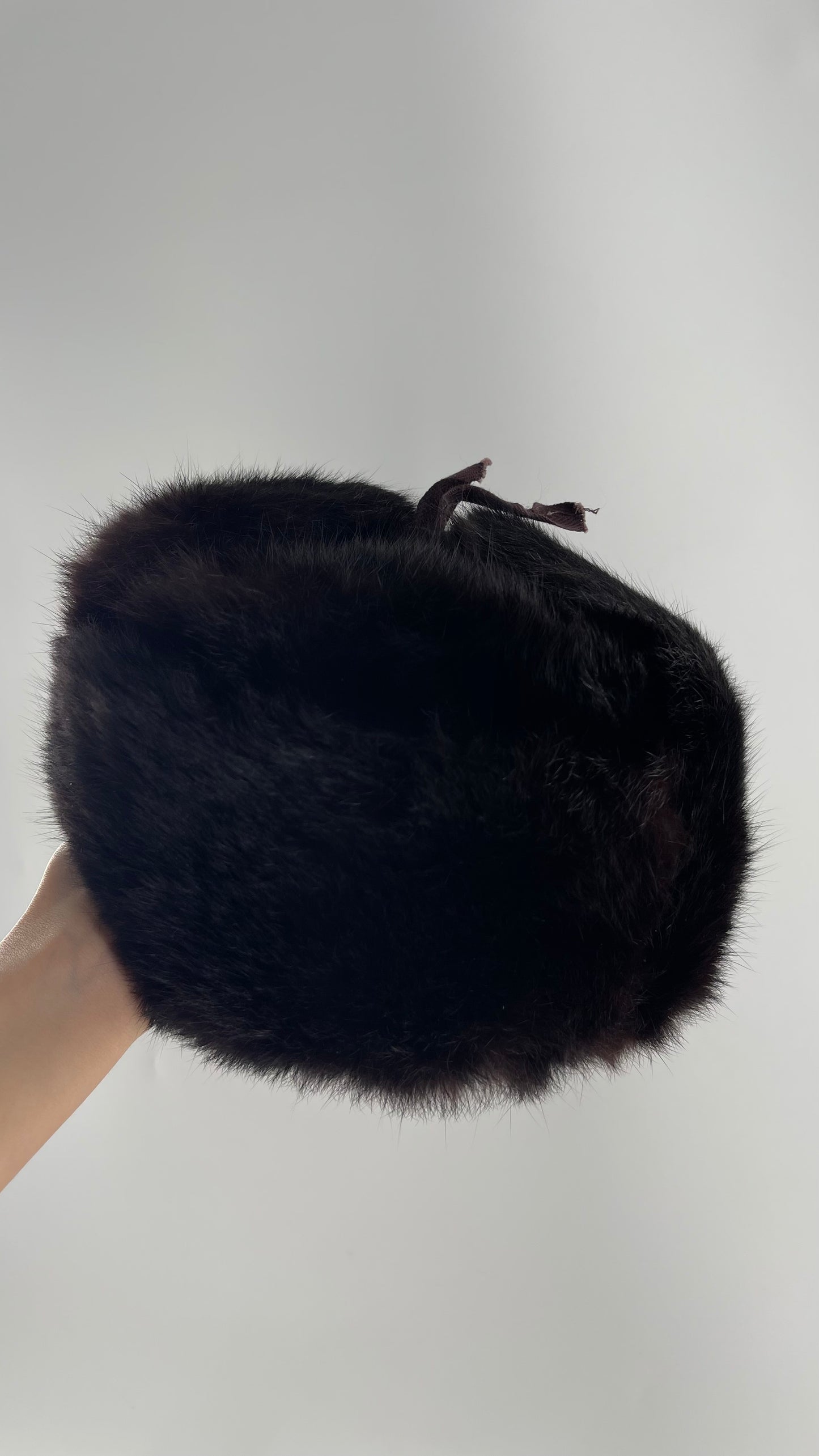 Vintage Russian Black Genuine Rabbit Fur Roller Hat with Pull Down Ear Muff Flaps