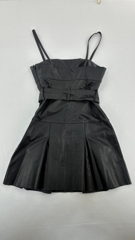 Free People Black, Belted Vegan Leather Pleated Mini Dress (2)