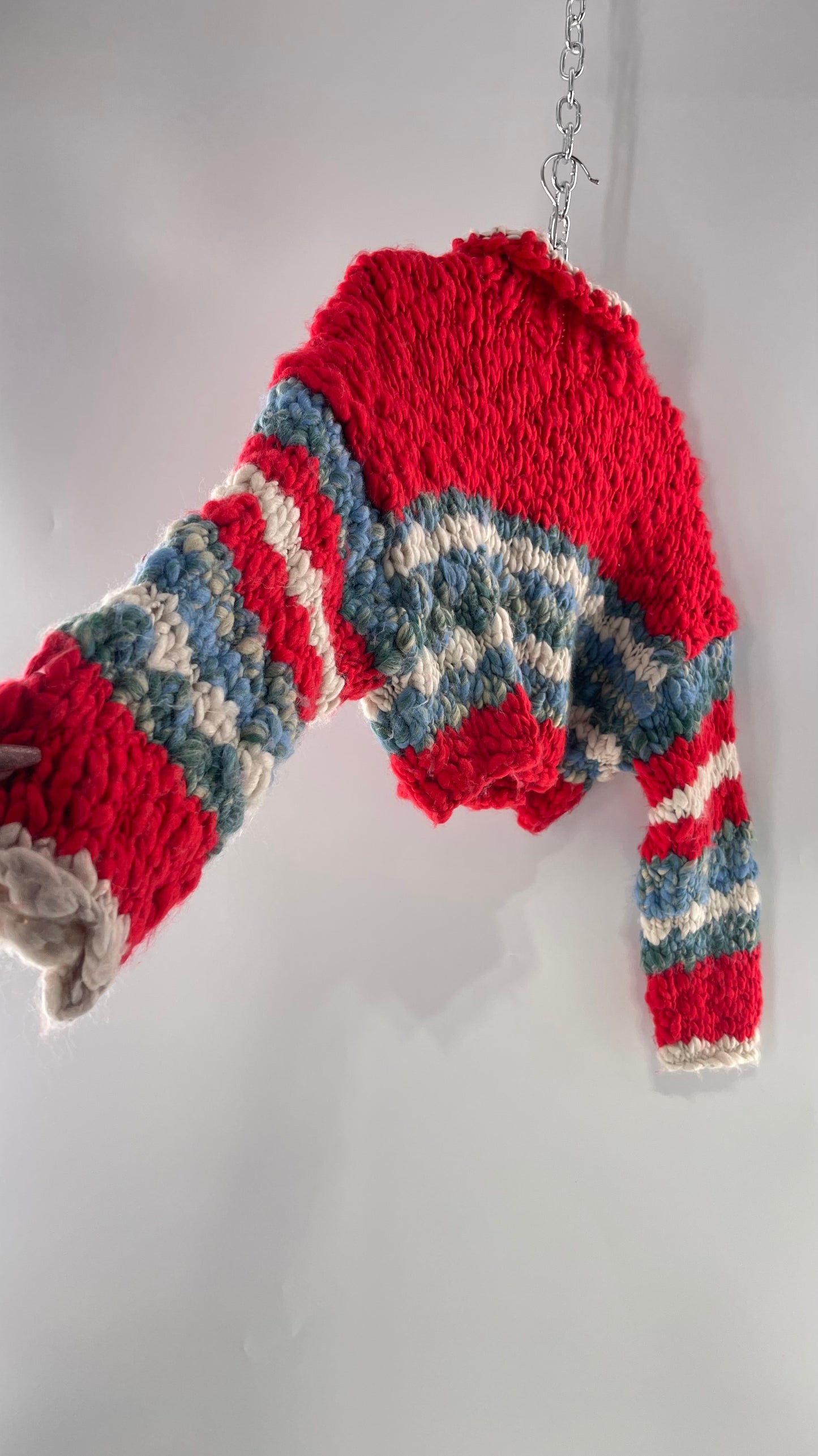 BDG Urban Outfitters Thick Knit Red White Blue Chunky Cropped Striped Cardigan (XS)