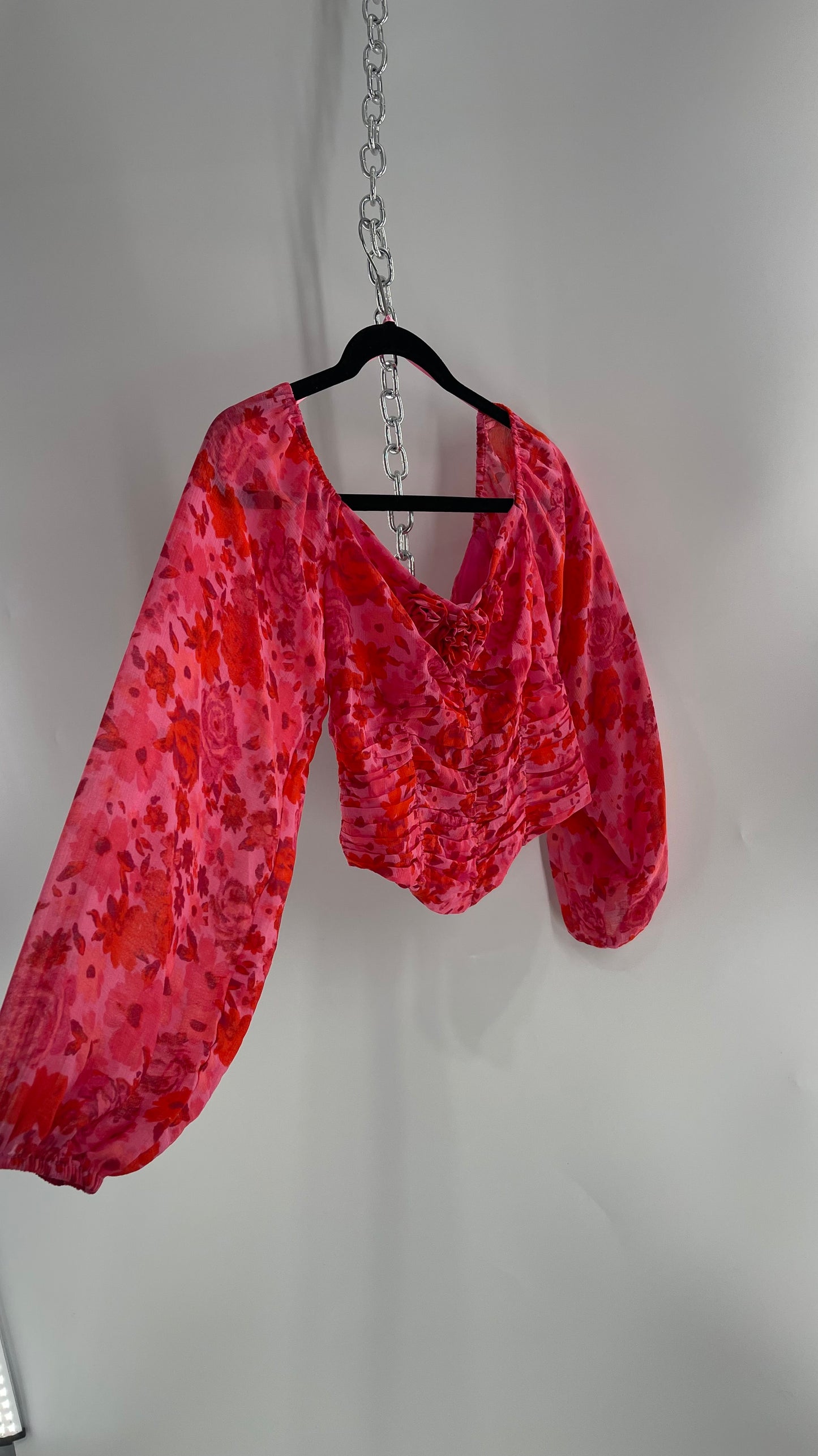 Free People Cropped Floral Blouse with Ruched Body, Balloon Sleeves and Appliqué Rosette Bustline with Tags Attached (Small)