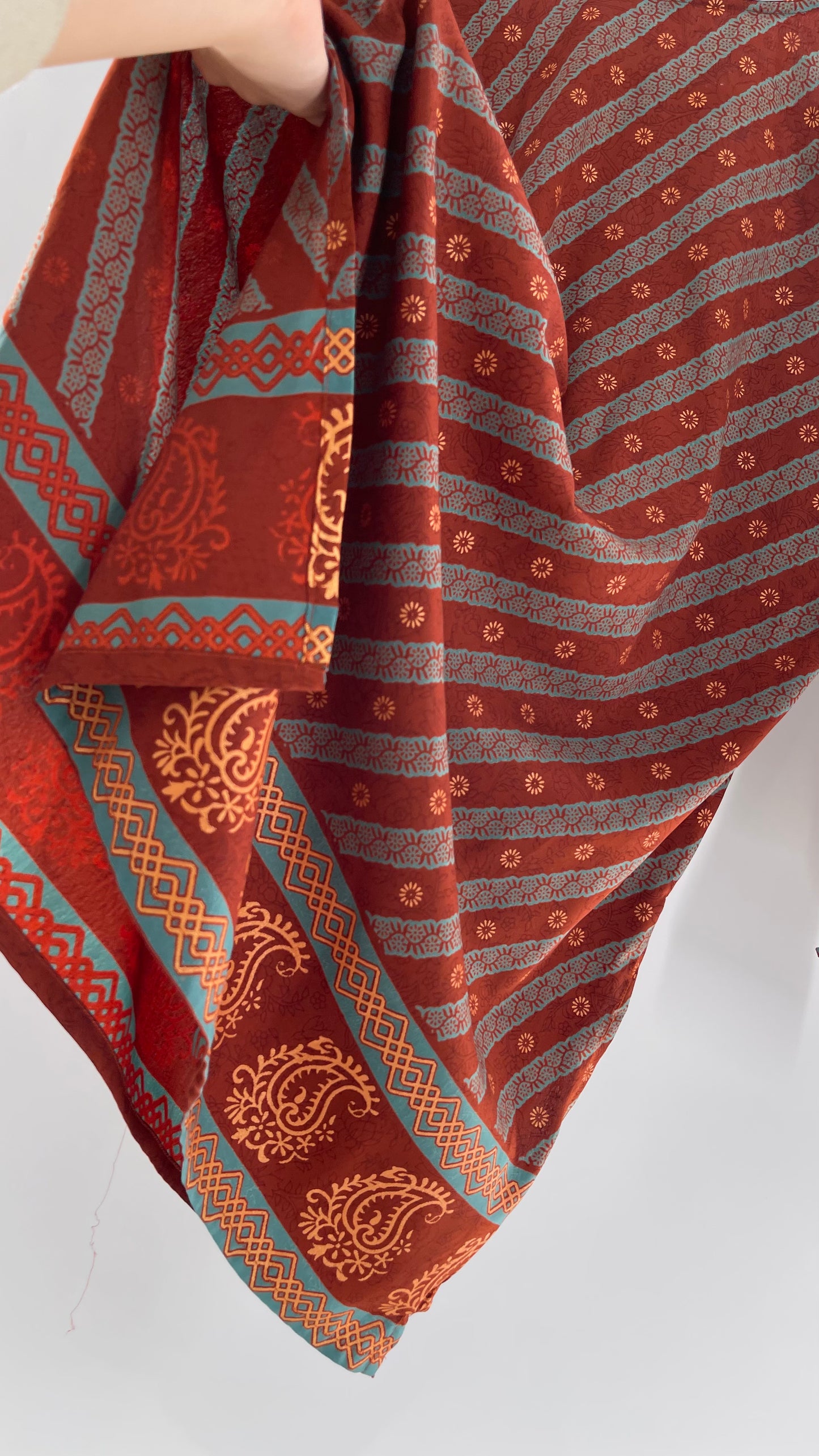 Vintage 1970s Indian 100% Silk Tunic Burnt Orange, Teal and Gold (40)