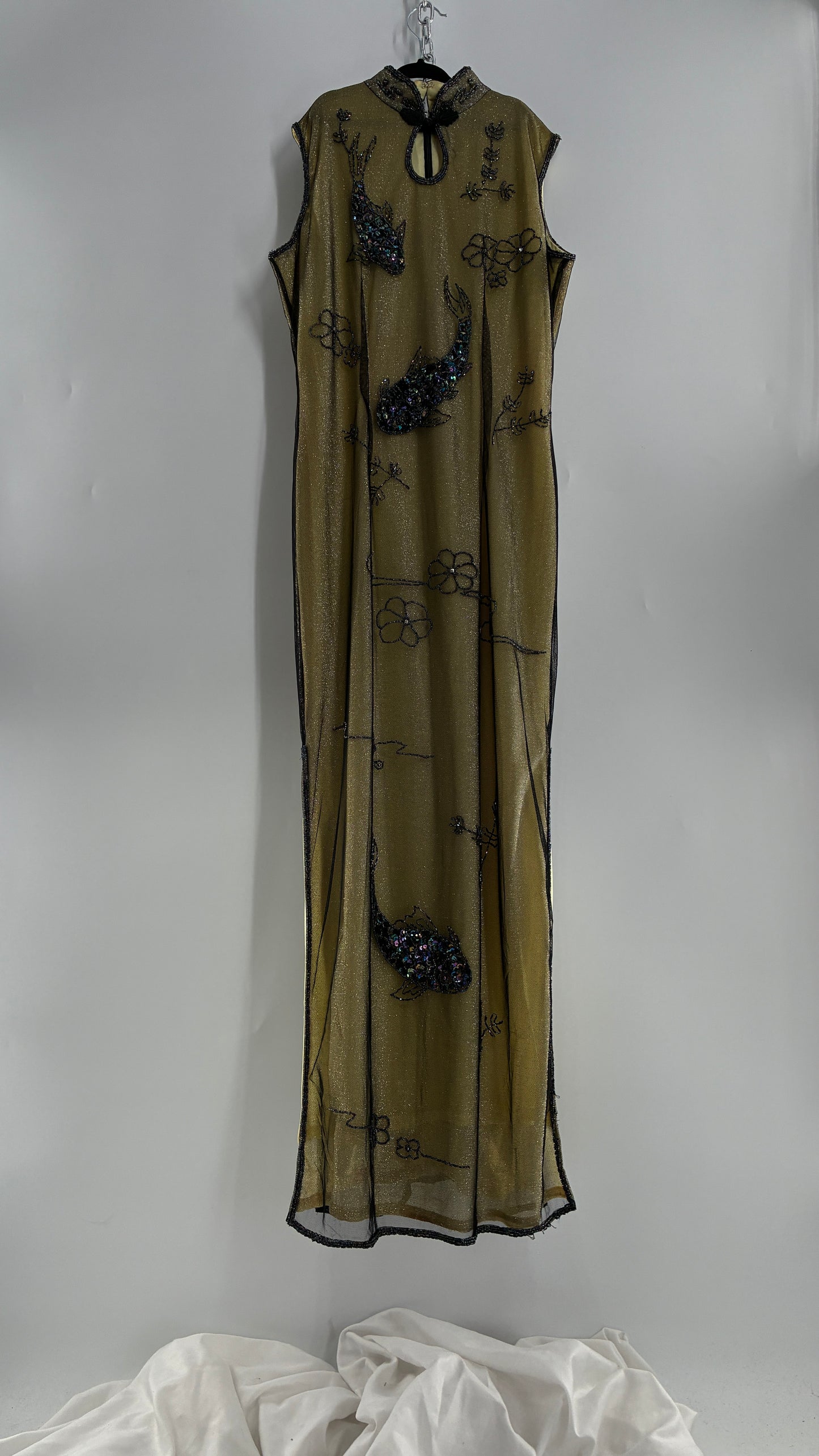 Vintage 1990s One of a Kind Handmade, Green Gown with Beaded Koi Fish, Metallic Tulle Overlay, and Symmetric Back (Medium)