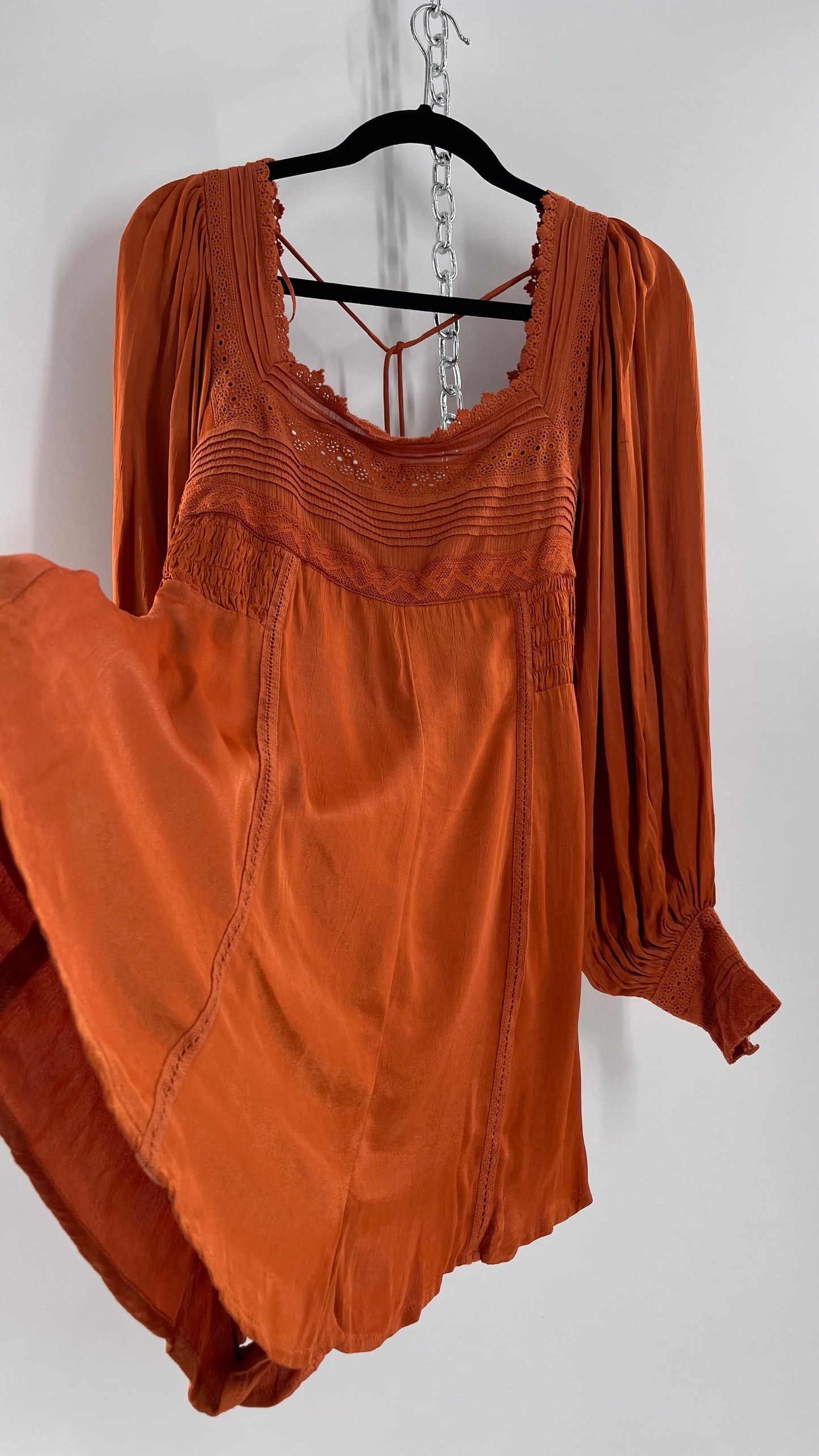 Free People Silky Orange Romper with Buttoned Sleeve Cuffs, Balloon Sleeves and Pleated Lace Bust (2)