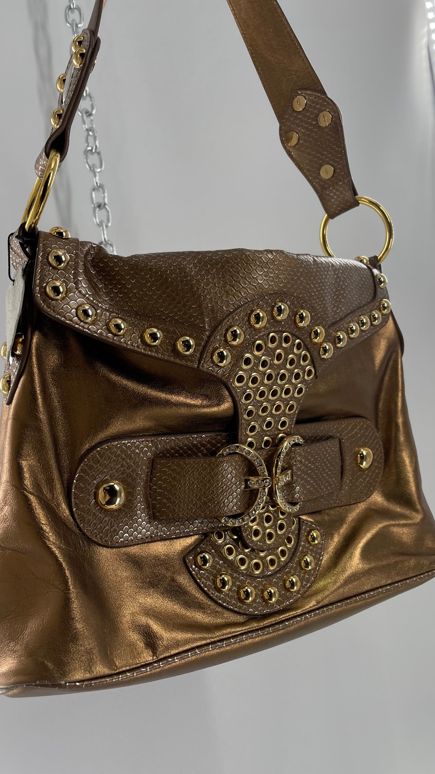 Deadstock Vintage The Find Grandeur Bronze Bag with Grommets, Gemstones, Studs and Exaggerated Buckle