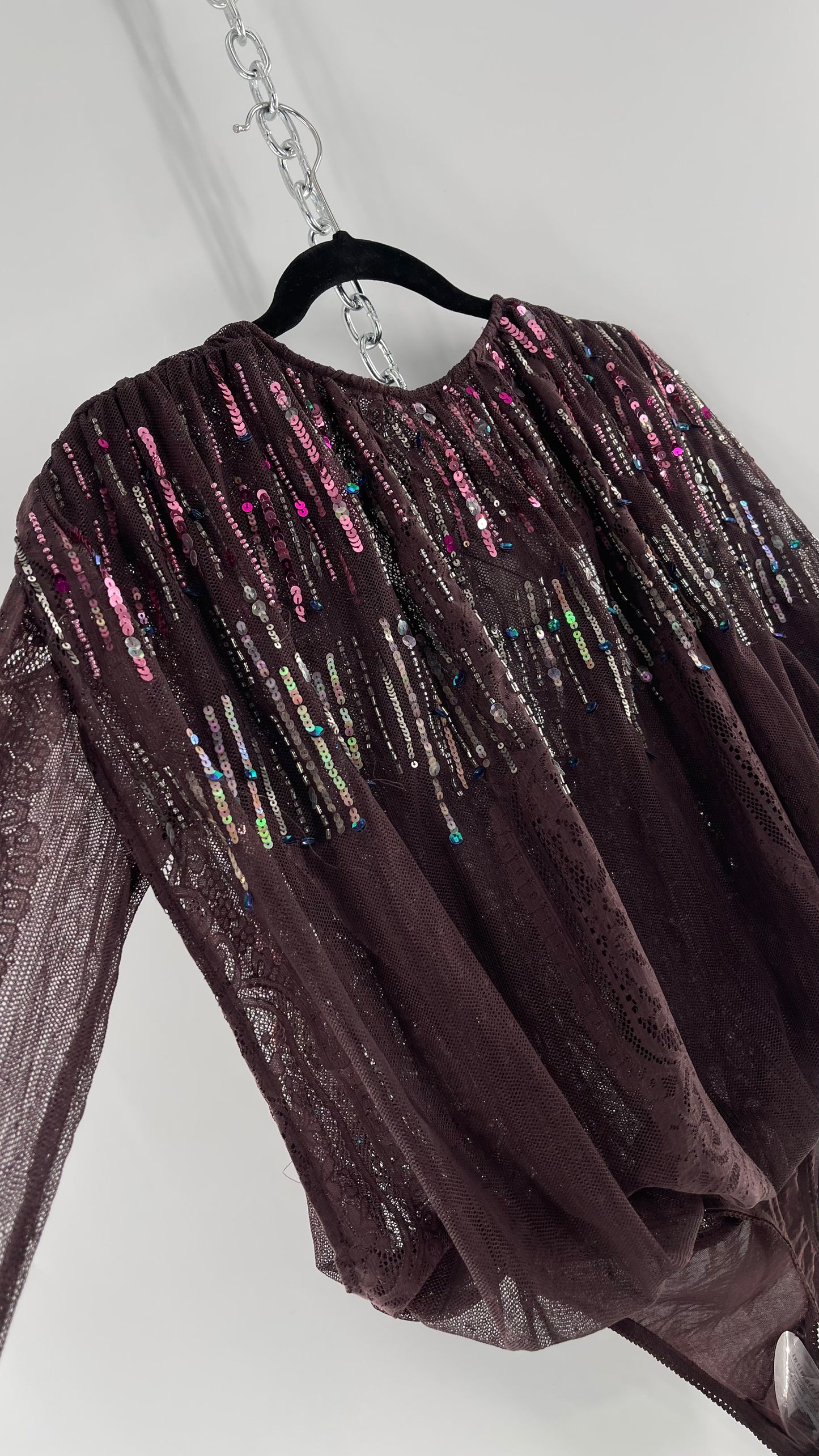 Intimately Free People Plum Mesh Bodysuit with Lace Sleeves and Beaded/Sequined/Embellished Body (Medium)