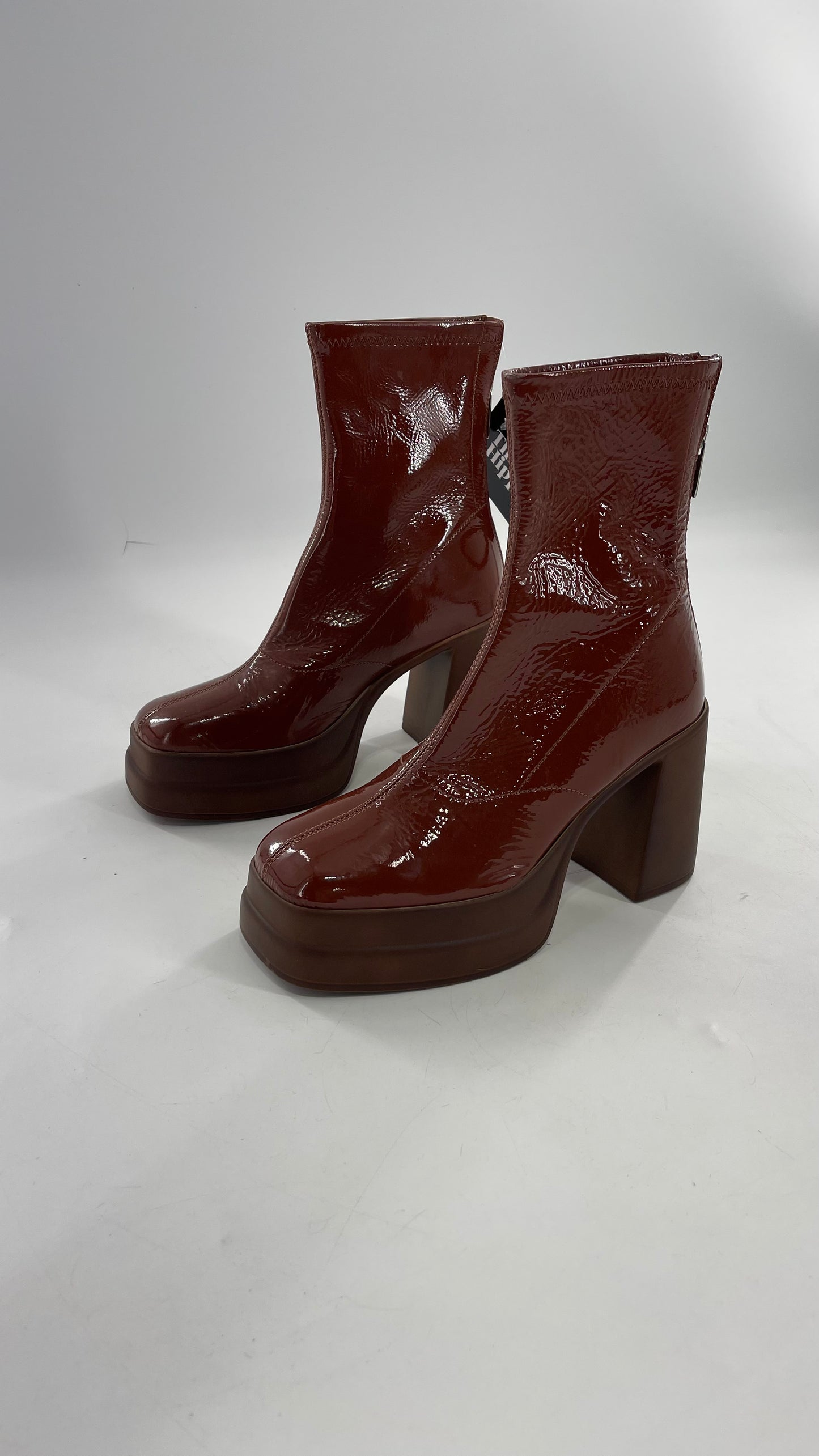 Free People Double StackedGlossy Patent Chestnut Brown Platform Boots with Chunky Heels (37.5)